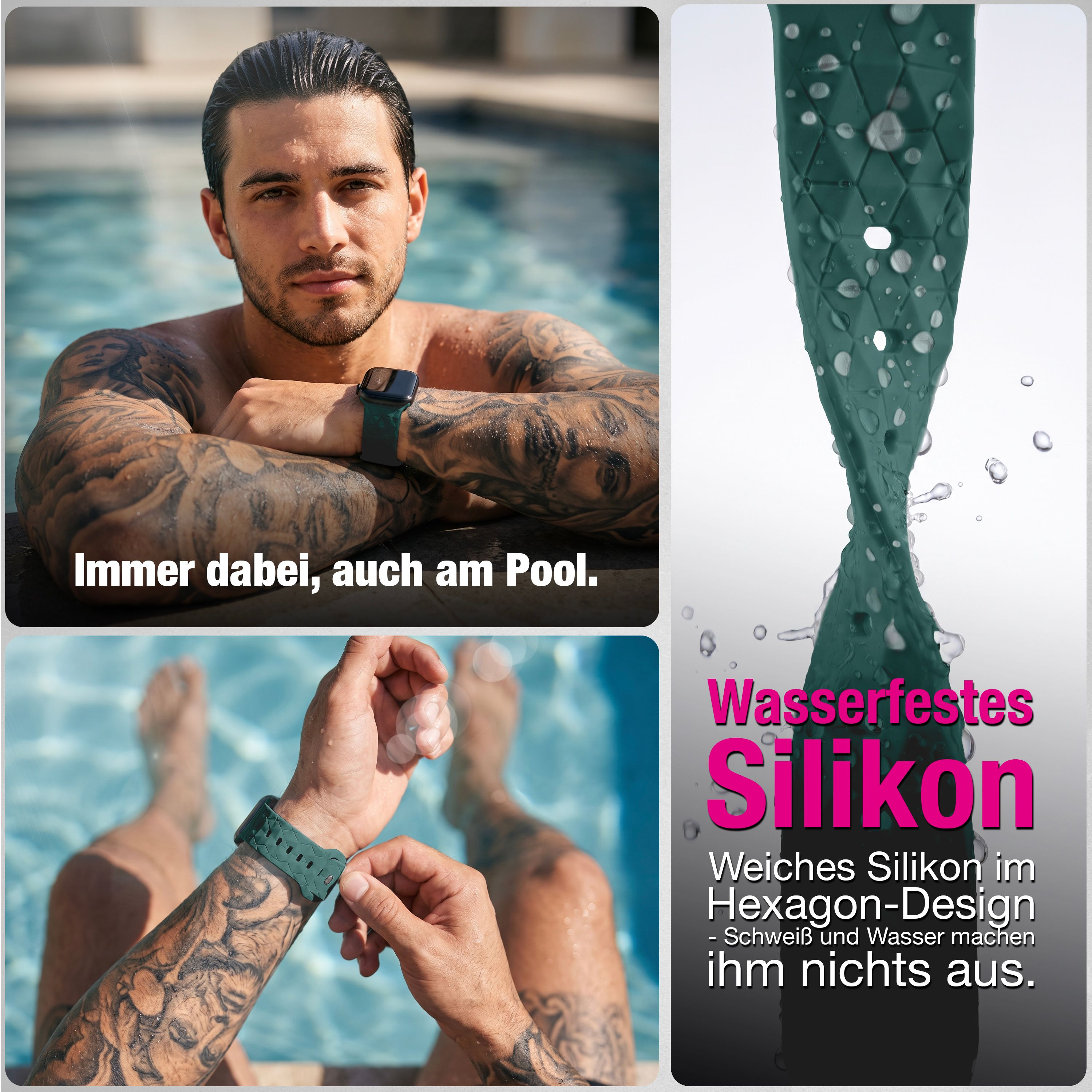 Ein tätowierter Mann trägt eine Smartwatch mit grünem Silikonarmband am Pool.