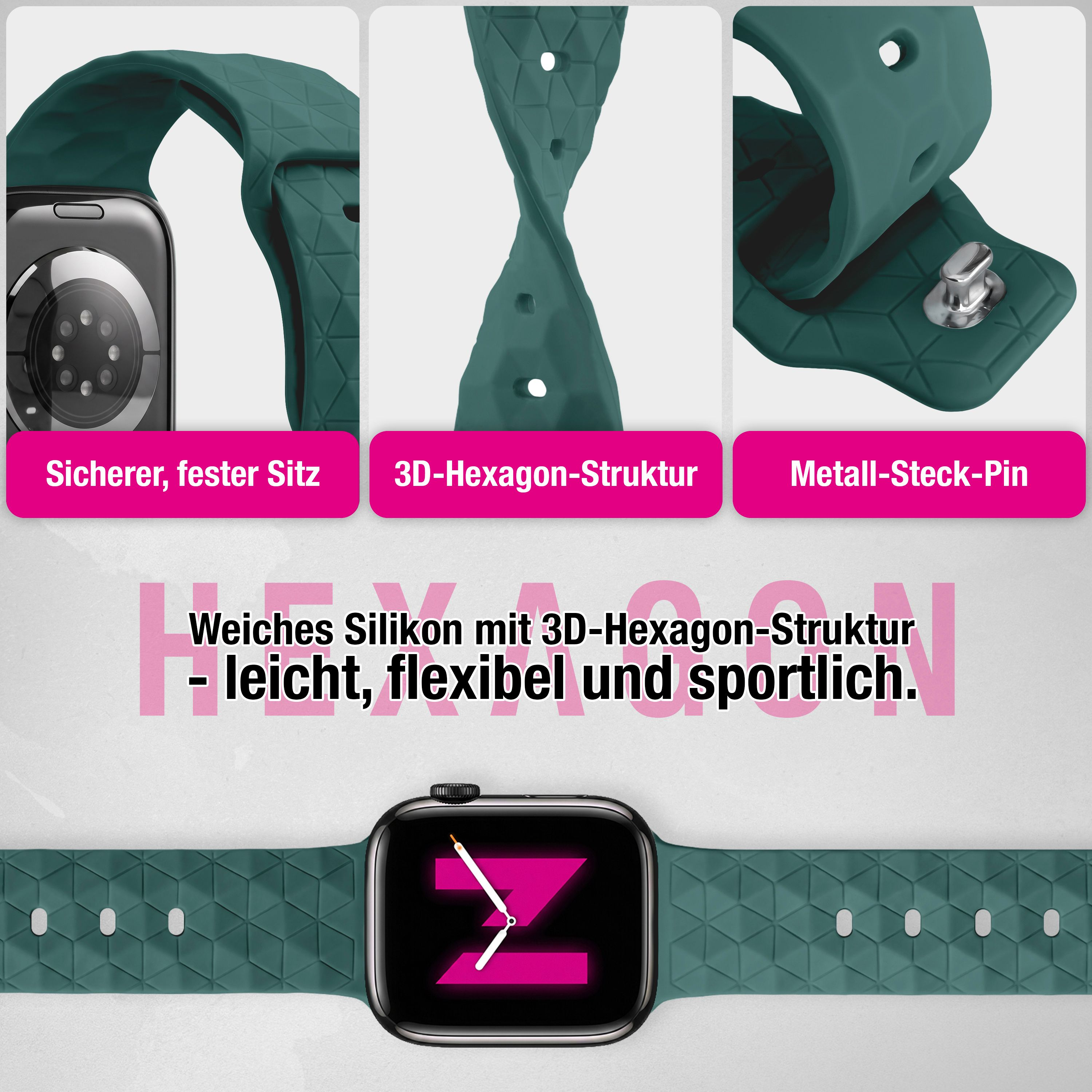 Grünes Silikon-Smartwatch-Armband mit 3D-Hexagon-Struktur und Metall-Steck-Pin.