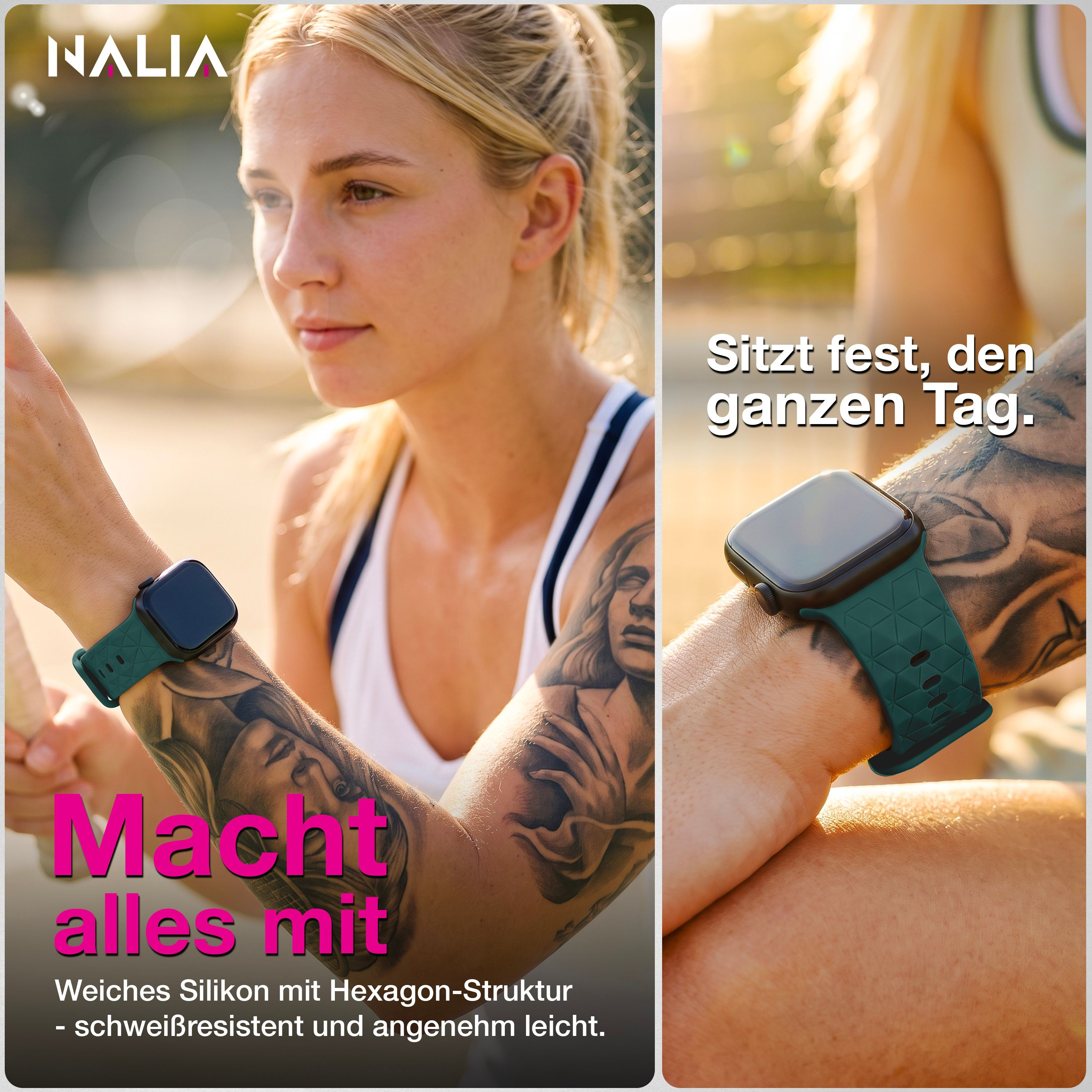 Eine Frau trägt ein dunkelgrünes Smartwatch-Armband mit geometrischem Muster an ihrem tätowierten Arm.