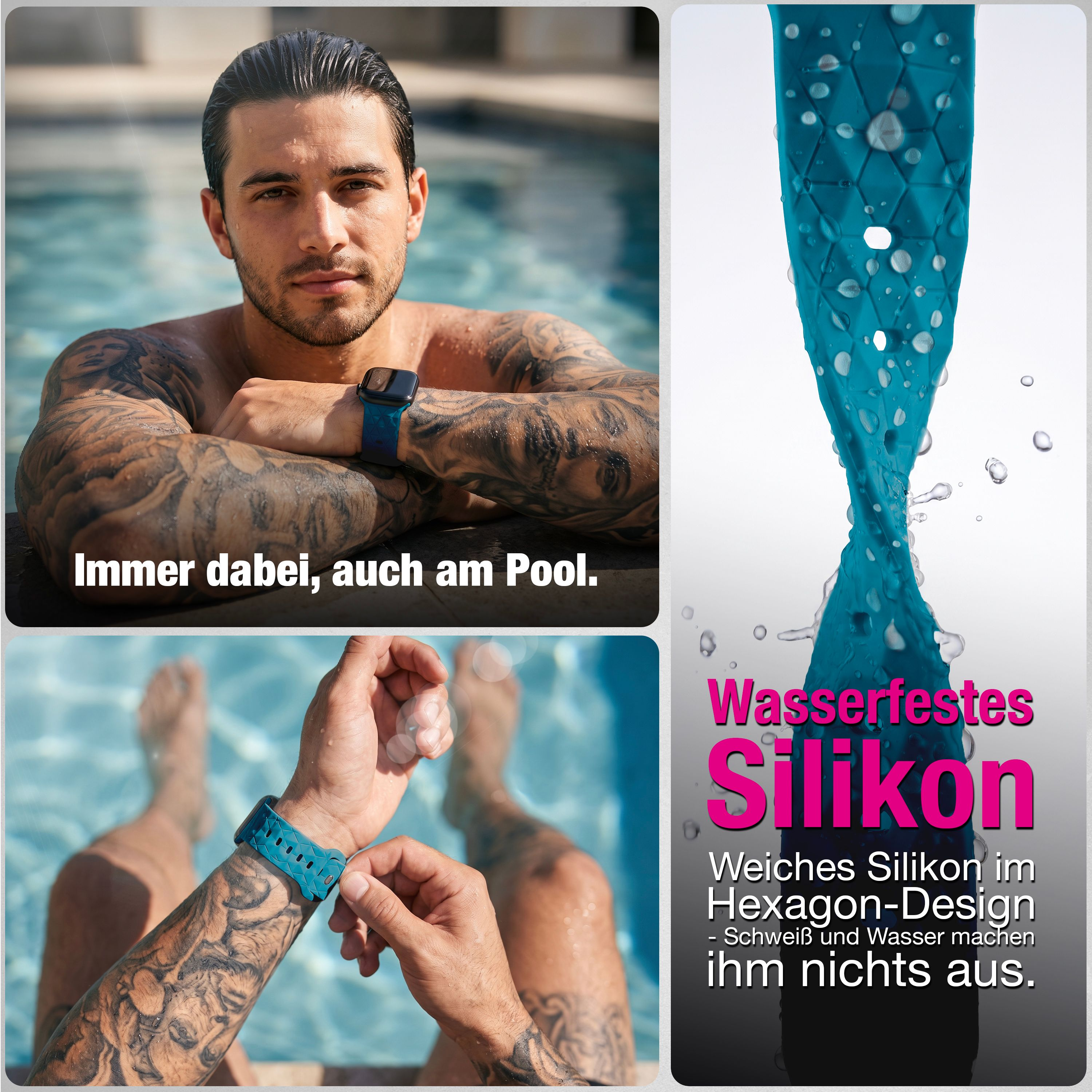 Ein Mann mit einem blauen Silikon-Smartwatch-Armband am Pool, mit Text zum wasserdichten Design.