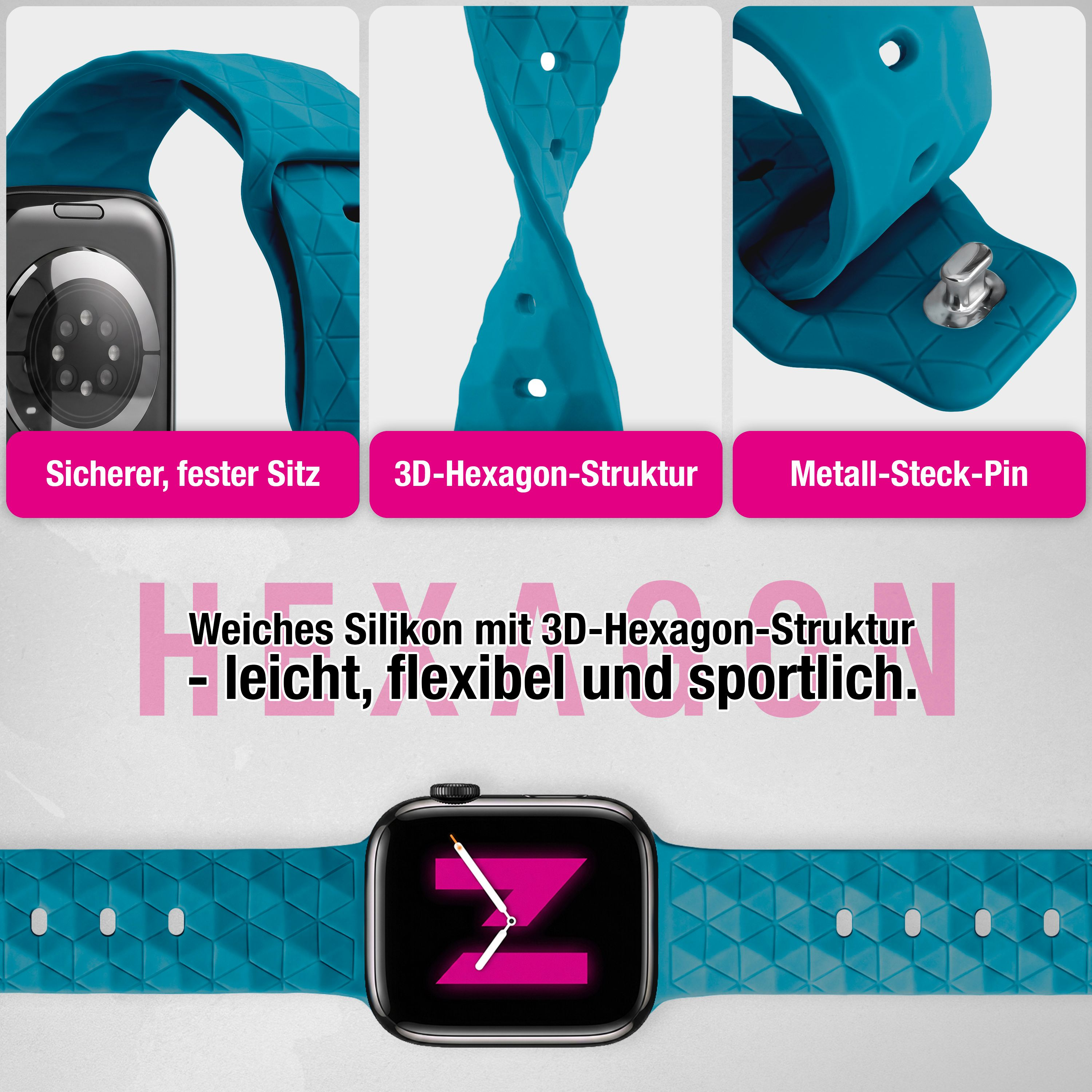 Türkisblaues Silikon-Smartwatch-Armband mit 3D-Hexagon-Struktur und Metall-Steck-Pin.