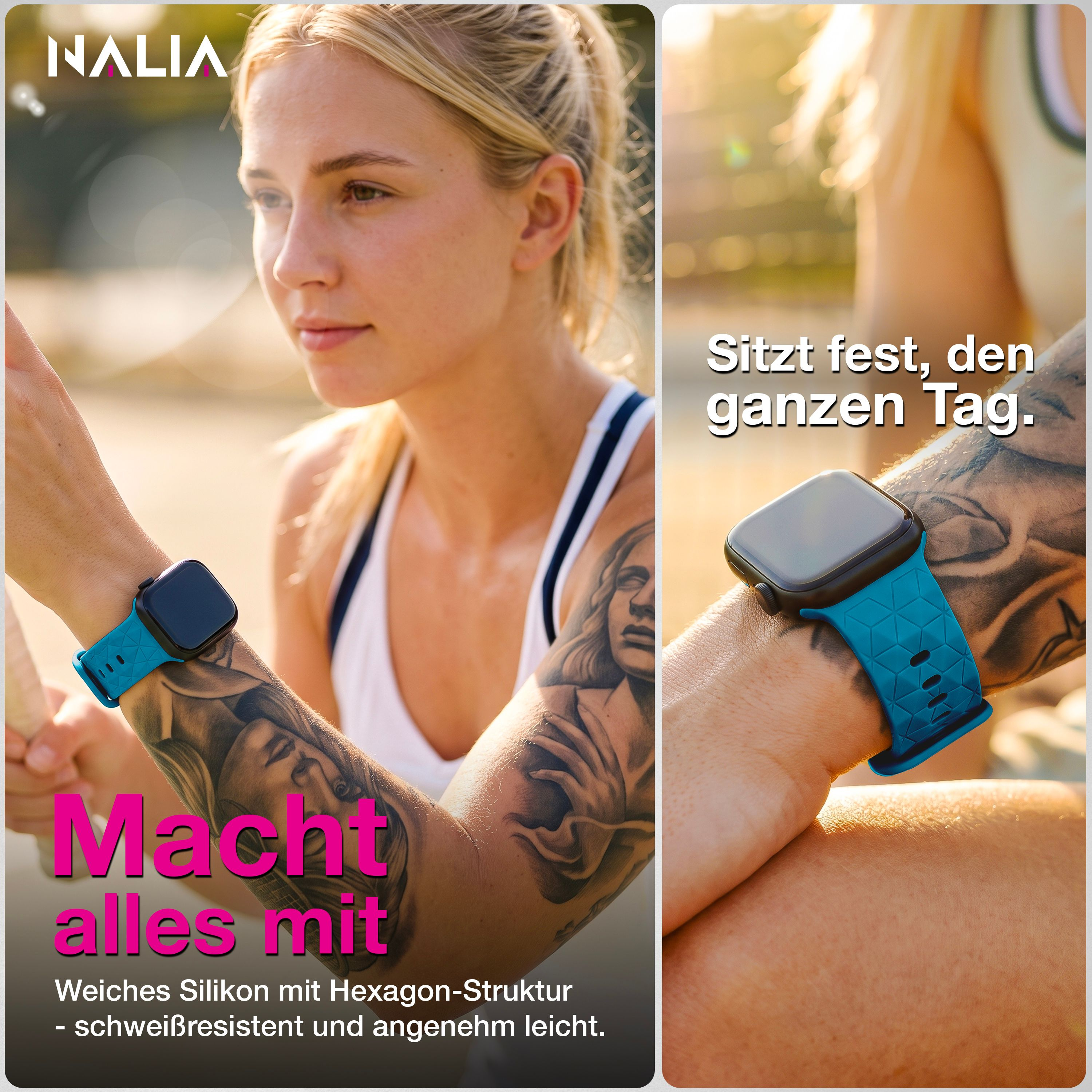 Eine Frau mit tätowiertem Arm trägt eine blaue Smartwatch mit Hexagon-Struktur an ihrem Handgelenk.