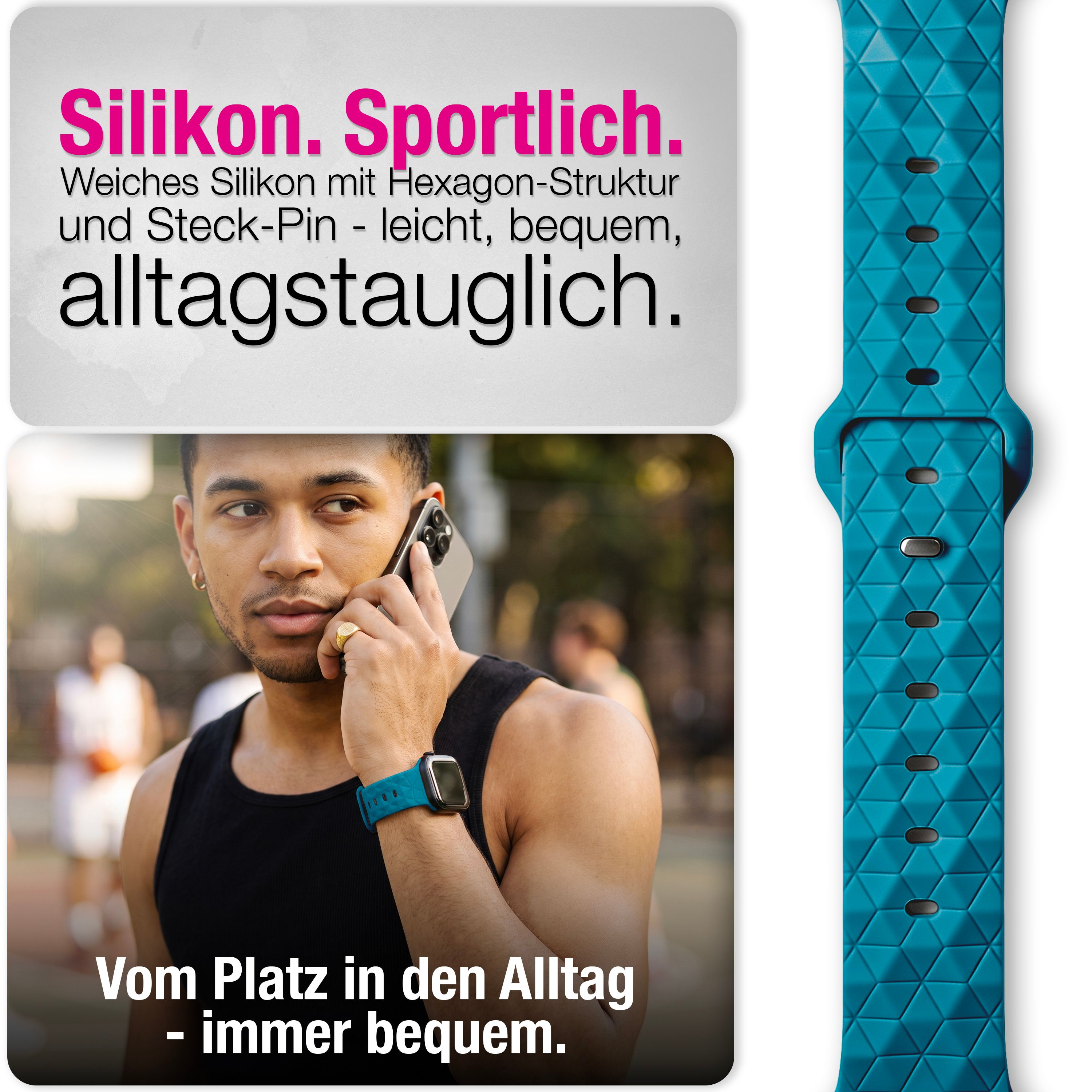 Ein Mann telefoniert mit Smartphone und Sportarmband, dazu ein blaues Silikonarmband mit Wabenmuster.