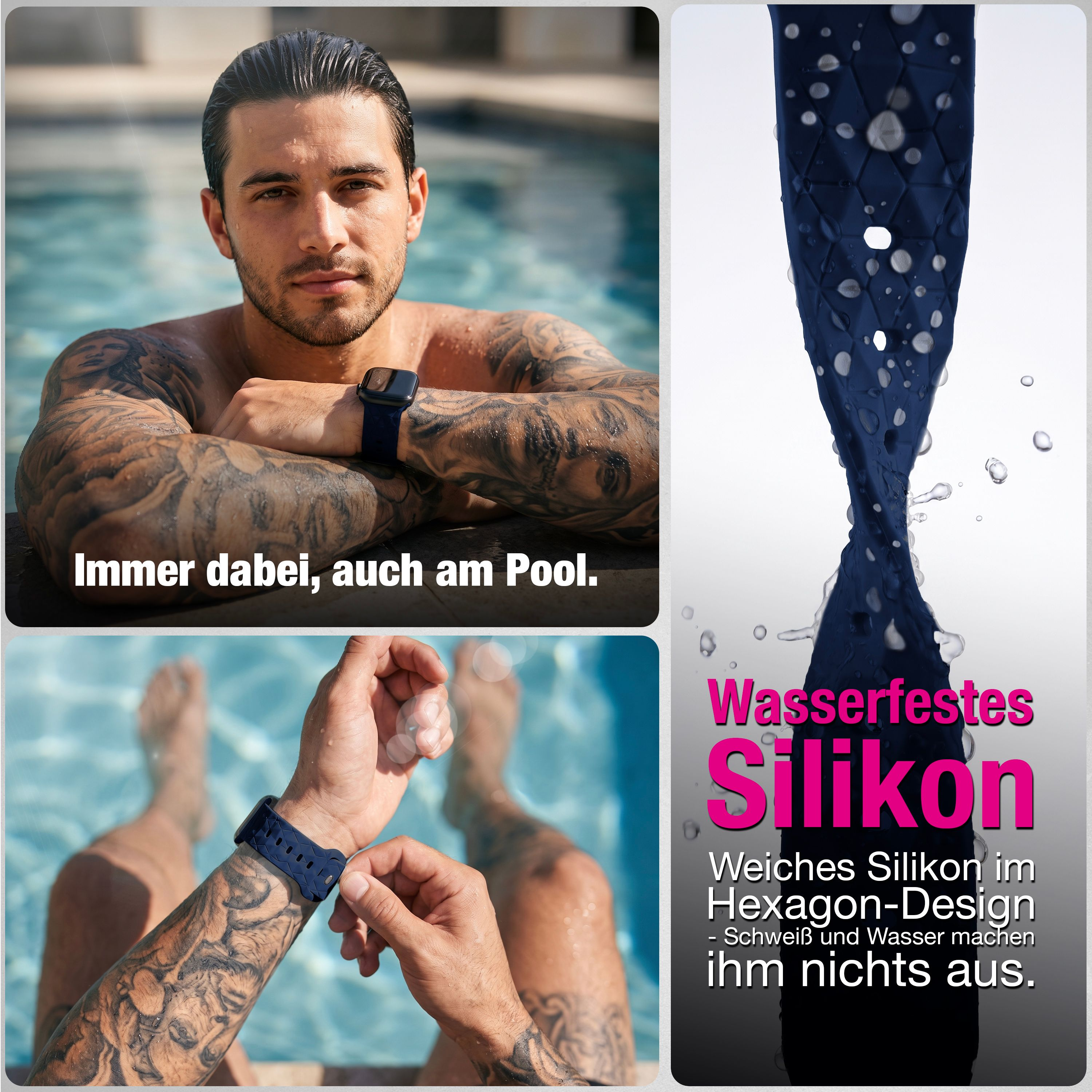 Ein tätowierter Mann trägt eine blaue Smartwatch mit Silikonarmband am Pool.
