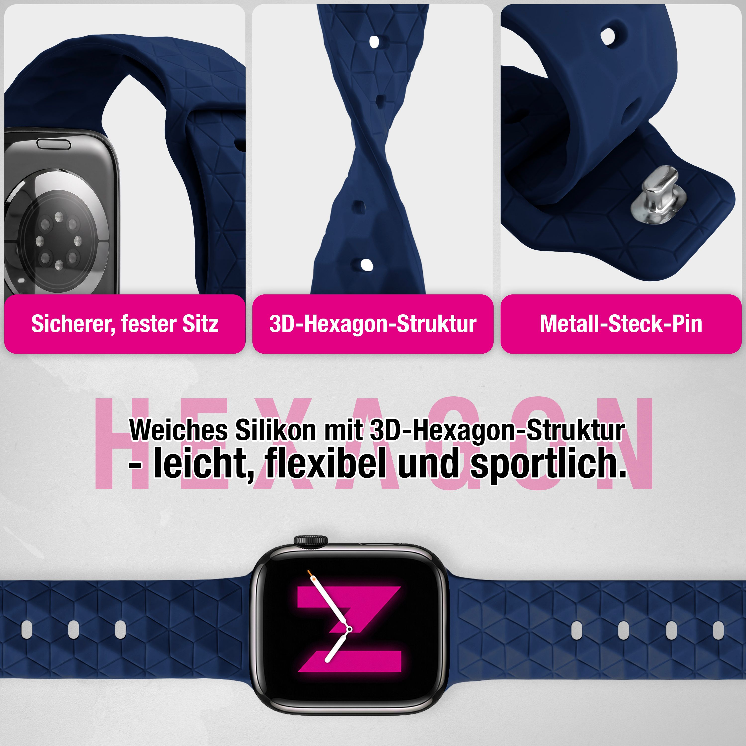 Blaue Smartwatch-Silikonarmbänder mit Hexagon-Struktur, Metallpin und sicherem Sitz.