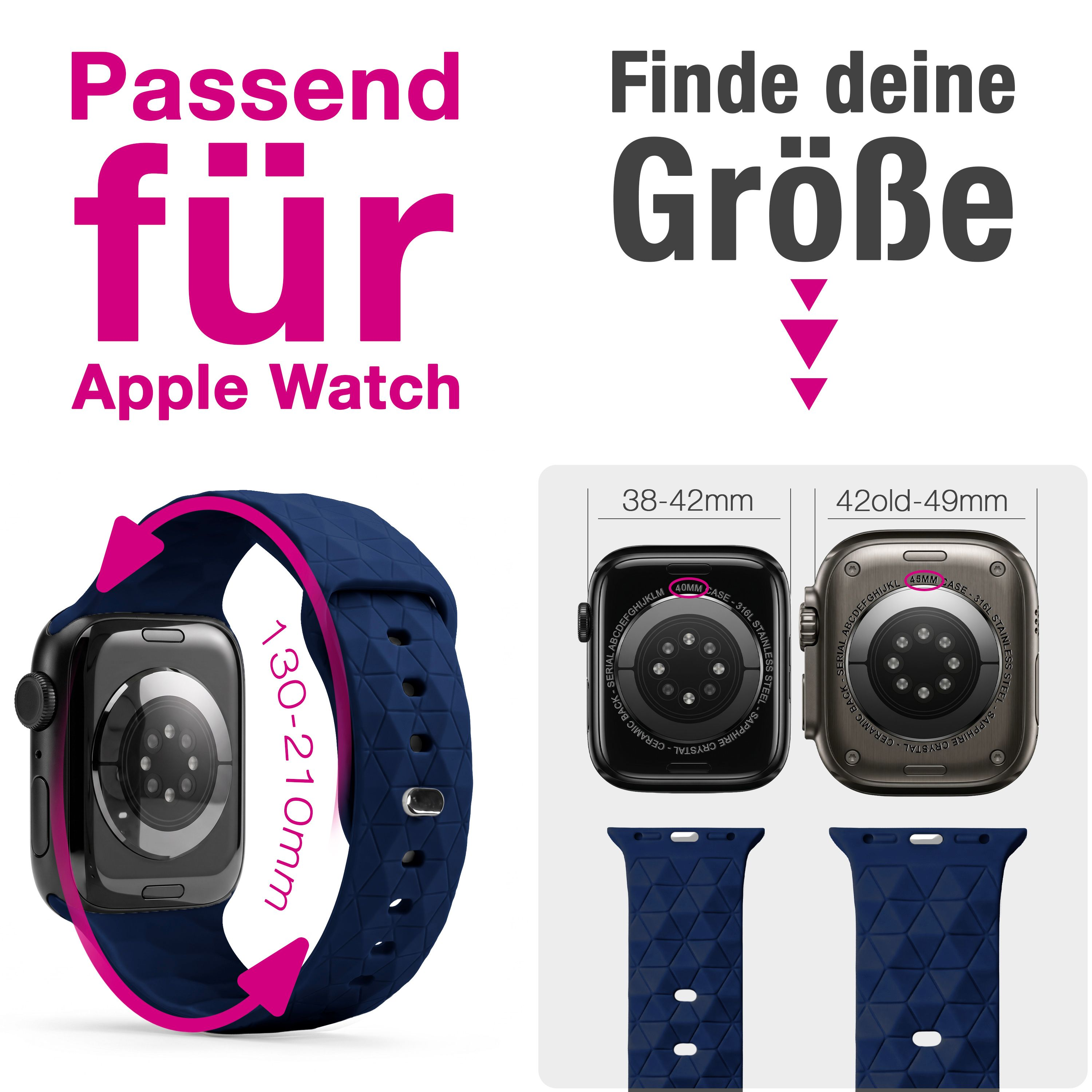 Größentabelle für Apple Watch Armbänder zeigt Maße von 38 bis 49 mm und Bandlänge von 130-210 mm.