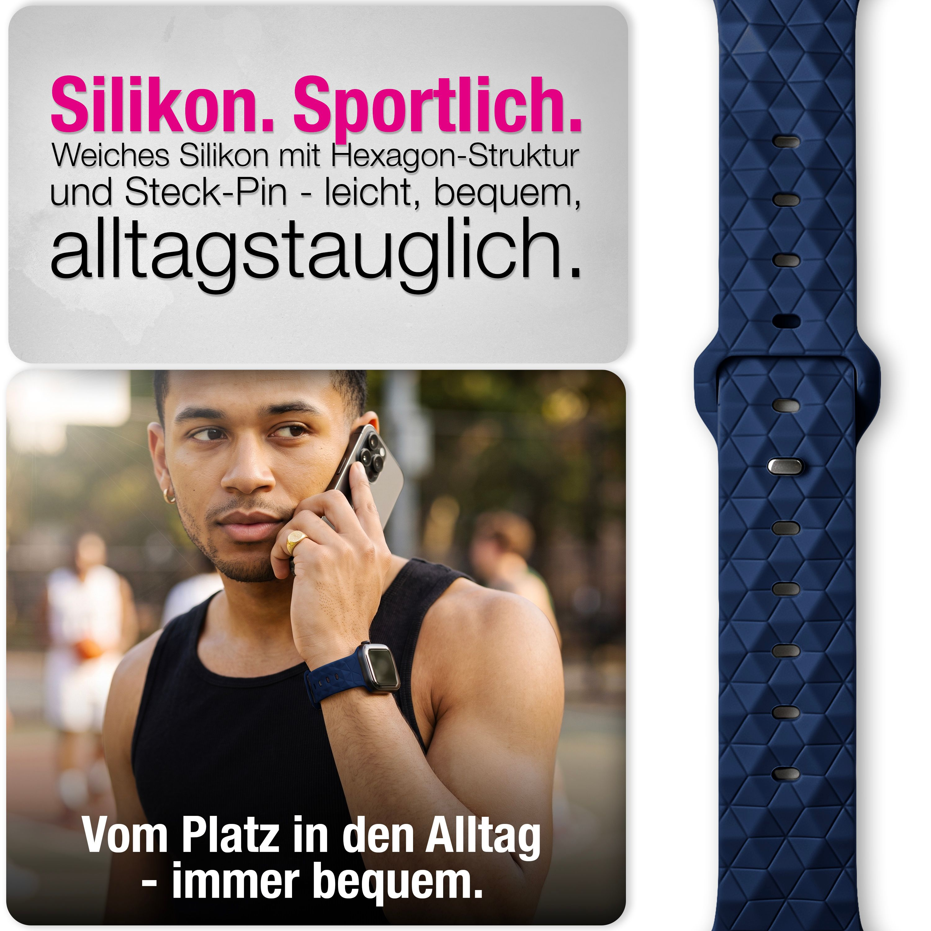 Ein Mann trägt ein blaues Silikon-Uhrenarmband, während er draußen telefoniert.