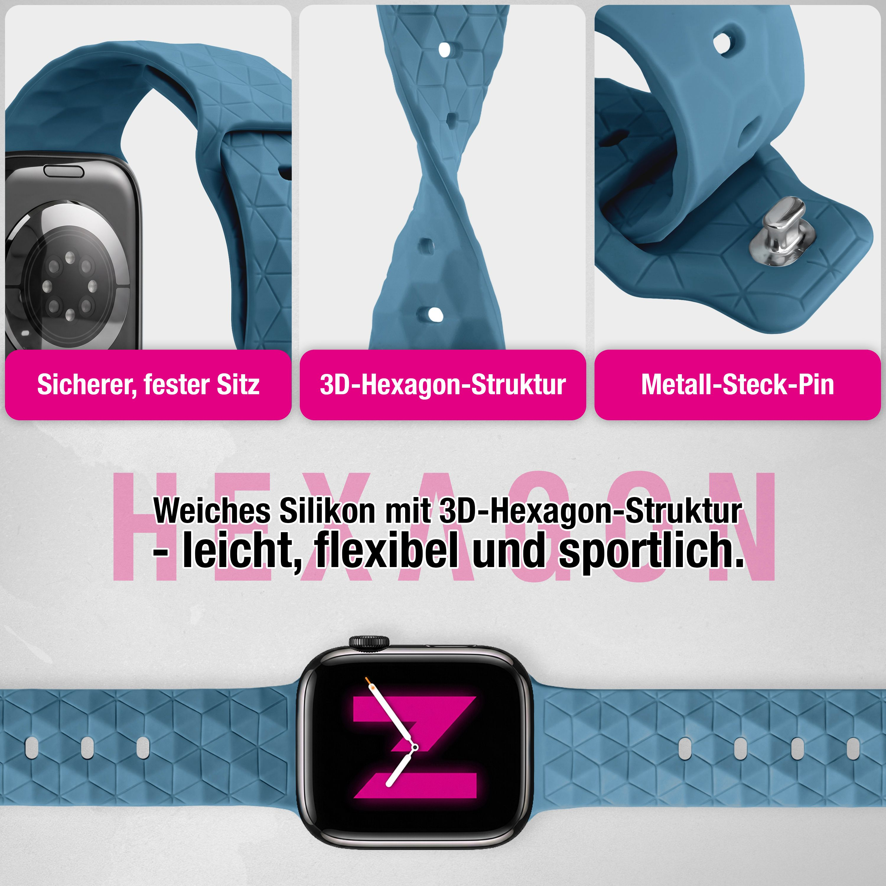 Blaue Silikon-Smartwatch-Armbänder mit Hexagon-Struktur und Metallpin.