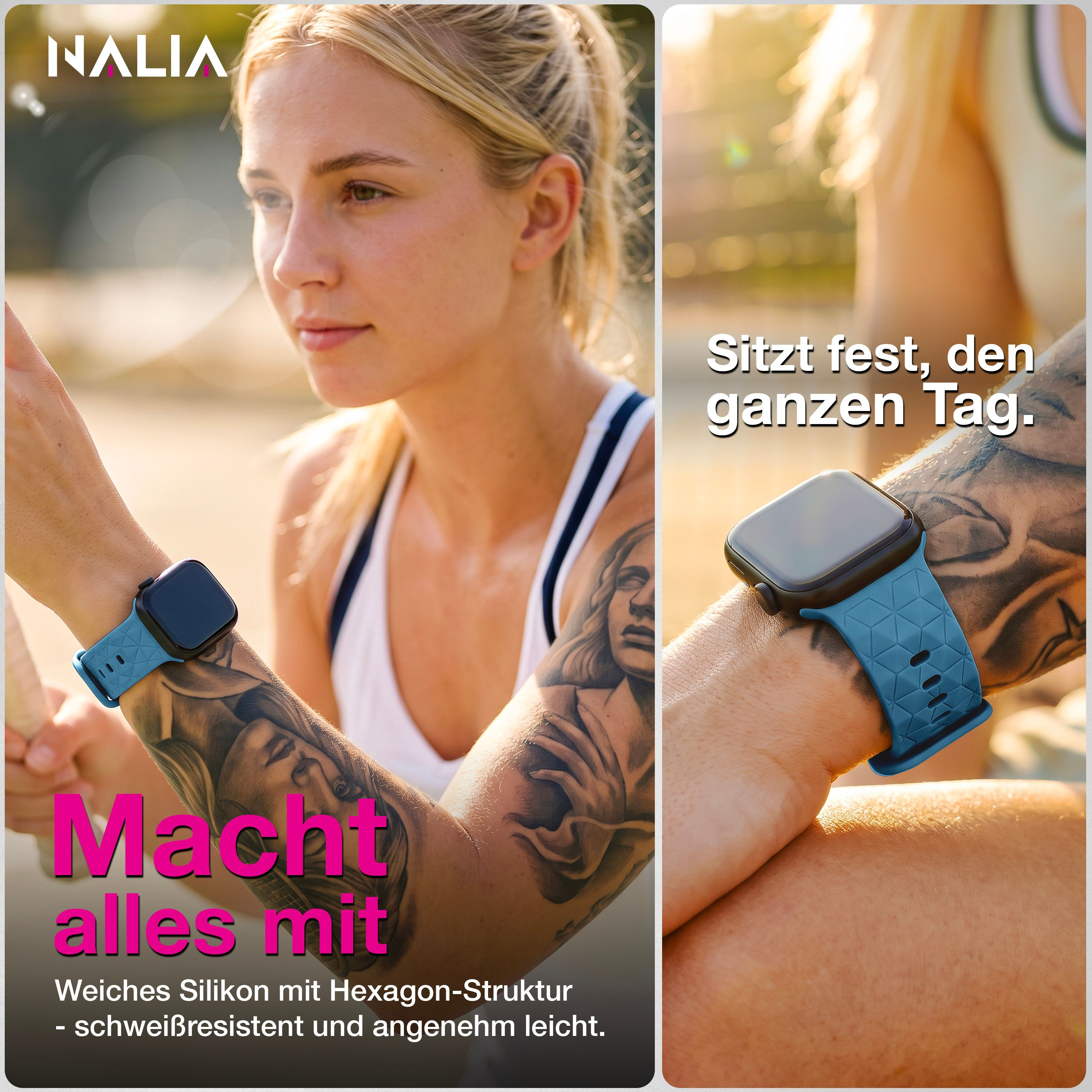 Eine Frau mit Tattoos und blauer Smartwatch mit Hexagon-Muster am Arm, im Hintergrund verschwommen.