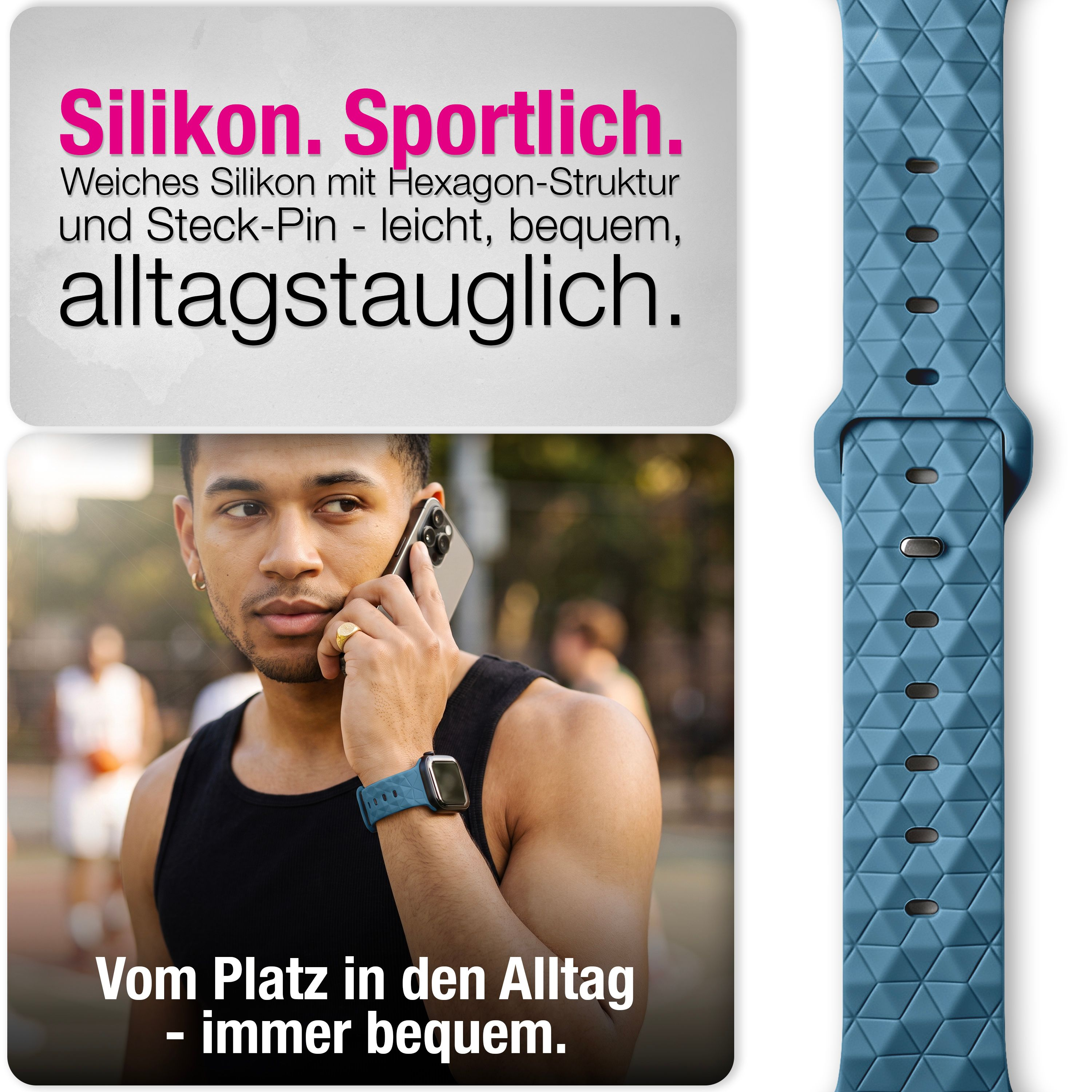 Blaue Silikon-Smartwatch-Armband mit Hexagon-Struktur auf einem Arm und als Detailansicht.
