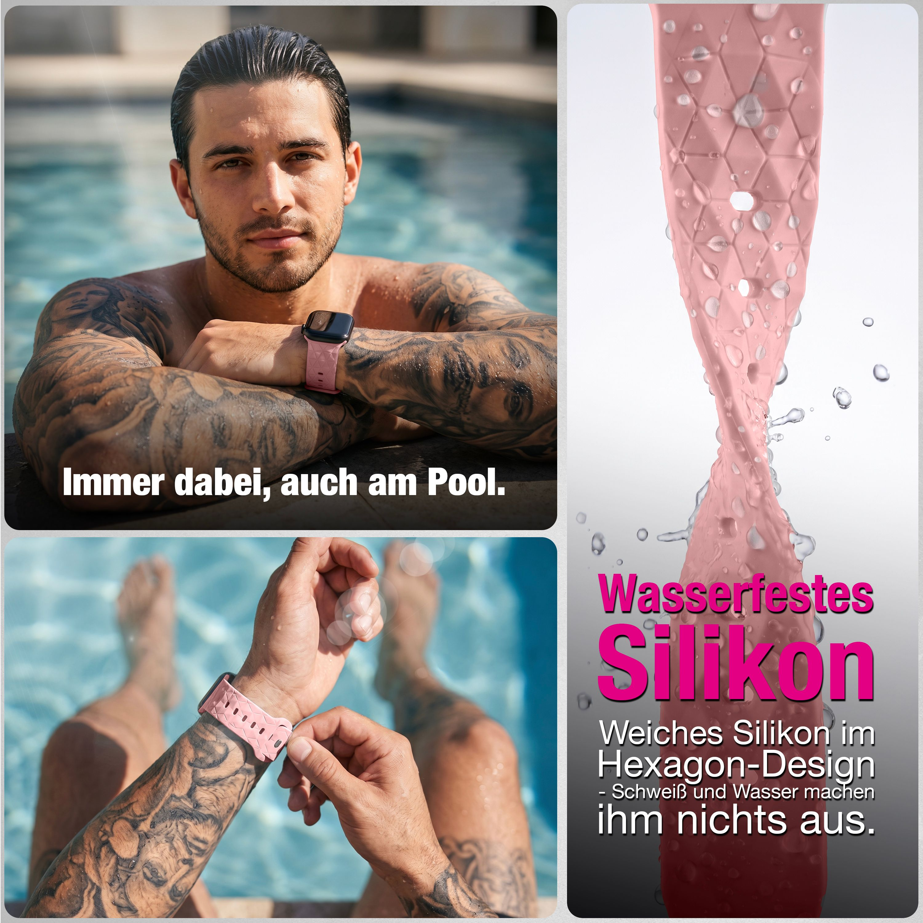 Ein tätowierter Mann trägt eine Smartwatch mit rosa Armband am Pool, umgeben von Wassertropfen.