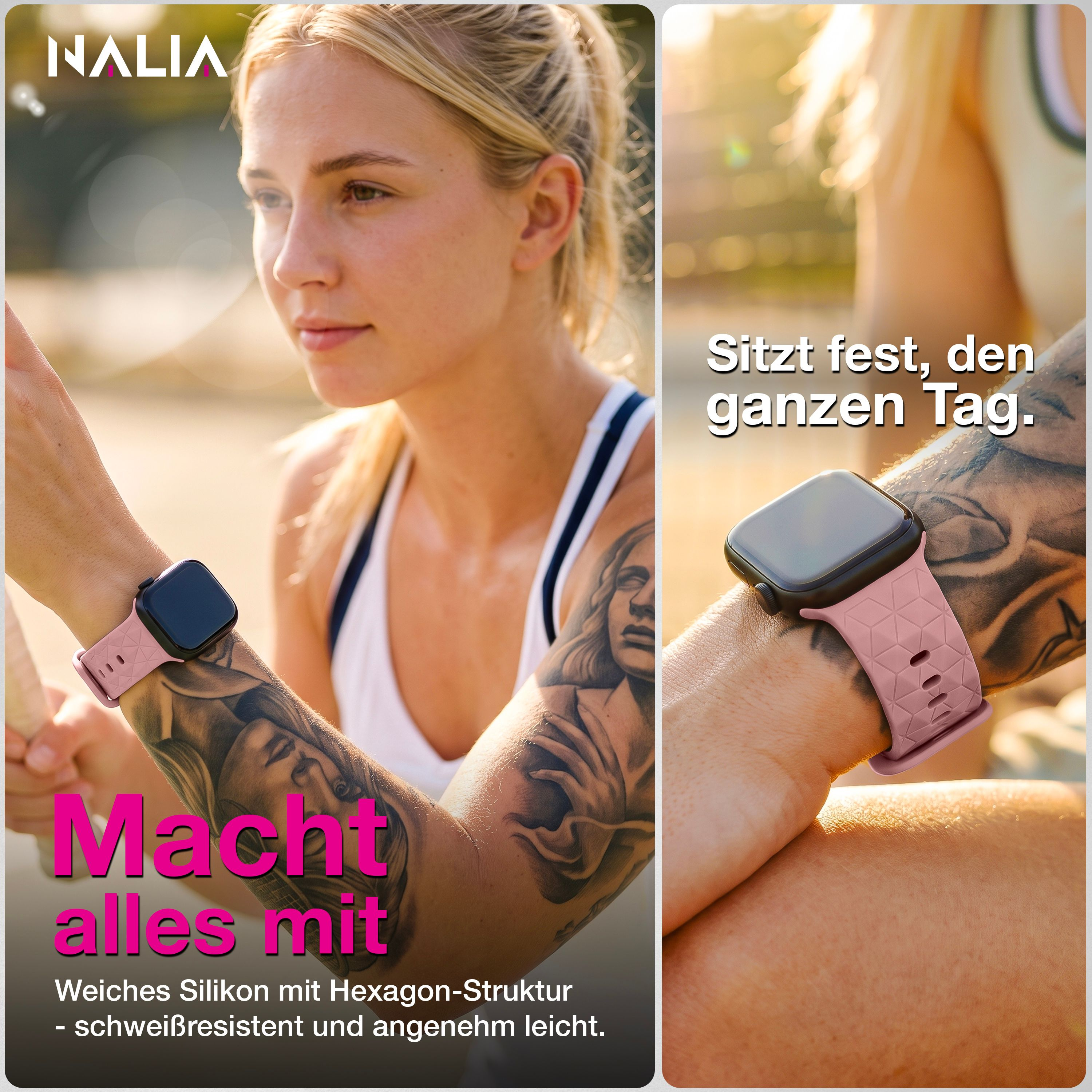 Eine tättowierte blonde Frau trägt draußen eine Smartwatch mit rosa Silikonarmband.