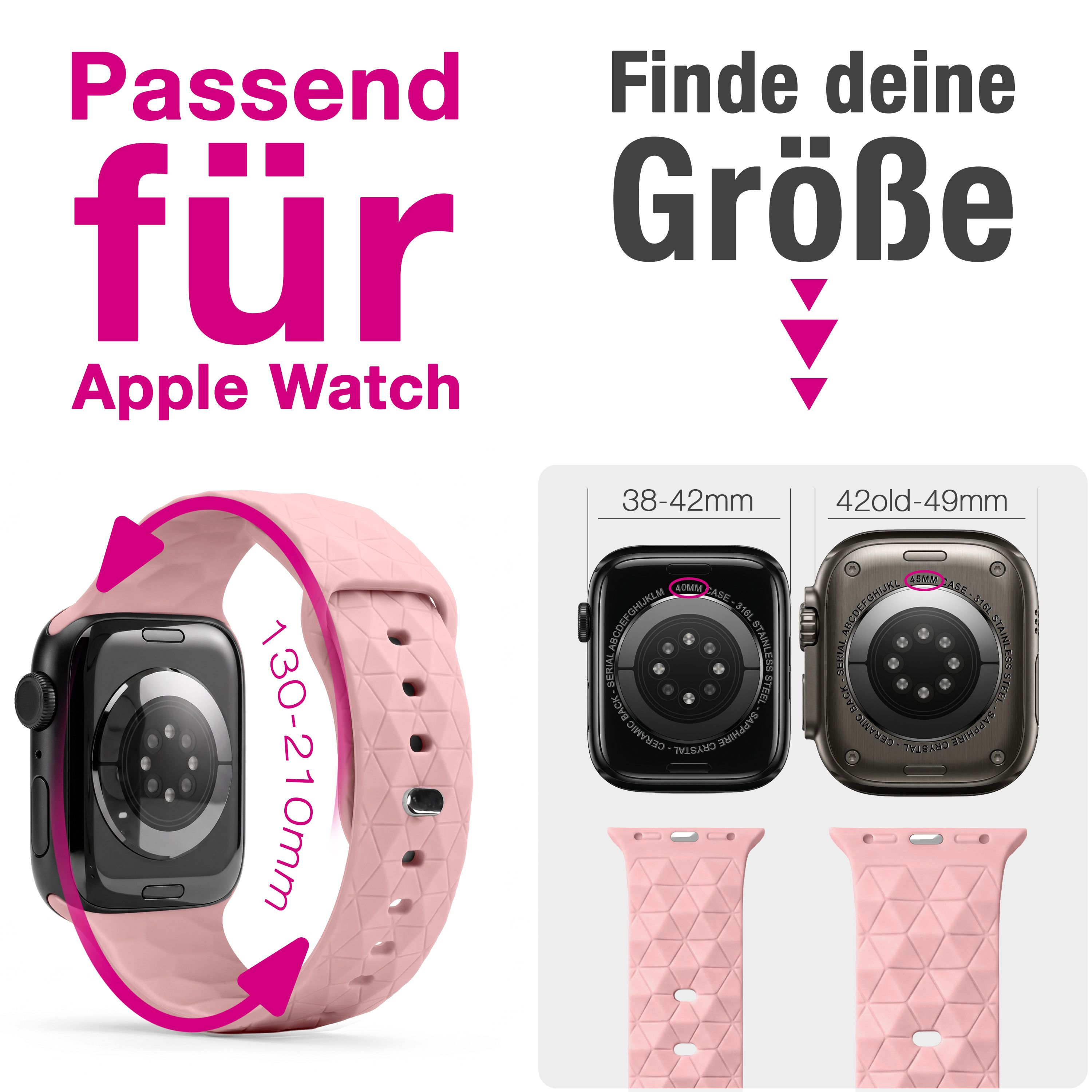 Rosa Silikonarmband für Apple Watch, kompatibel mit verschiedenen Gehäusegrößen von 38mm bis 49mm.