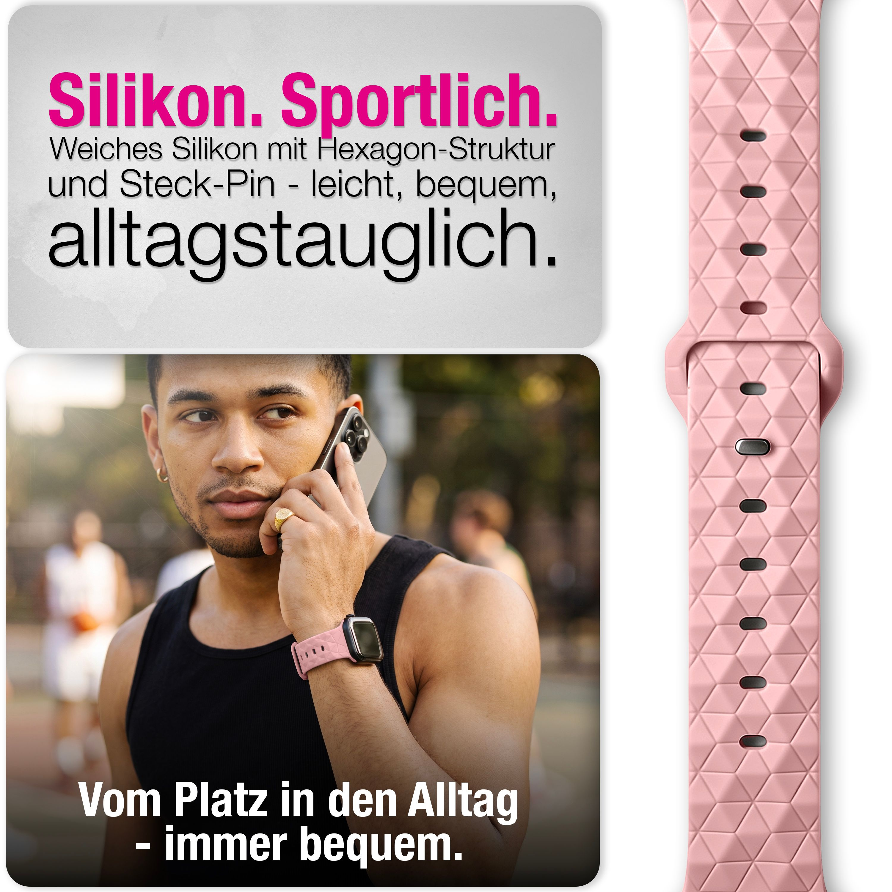 Ein Mann mit rosa Silikonarmband telefoniert draußen, während andere Basketball spielen.