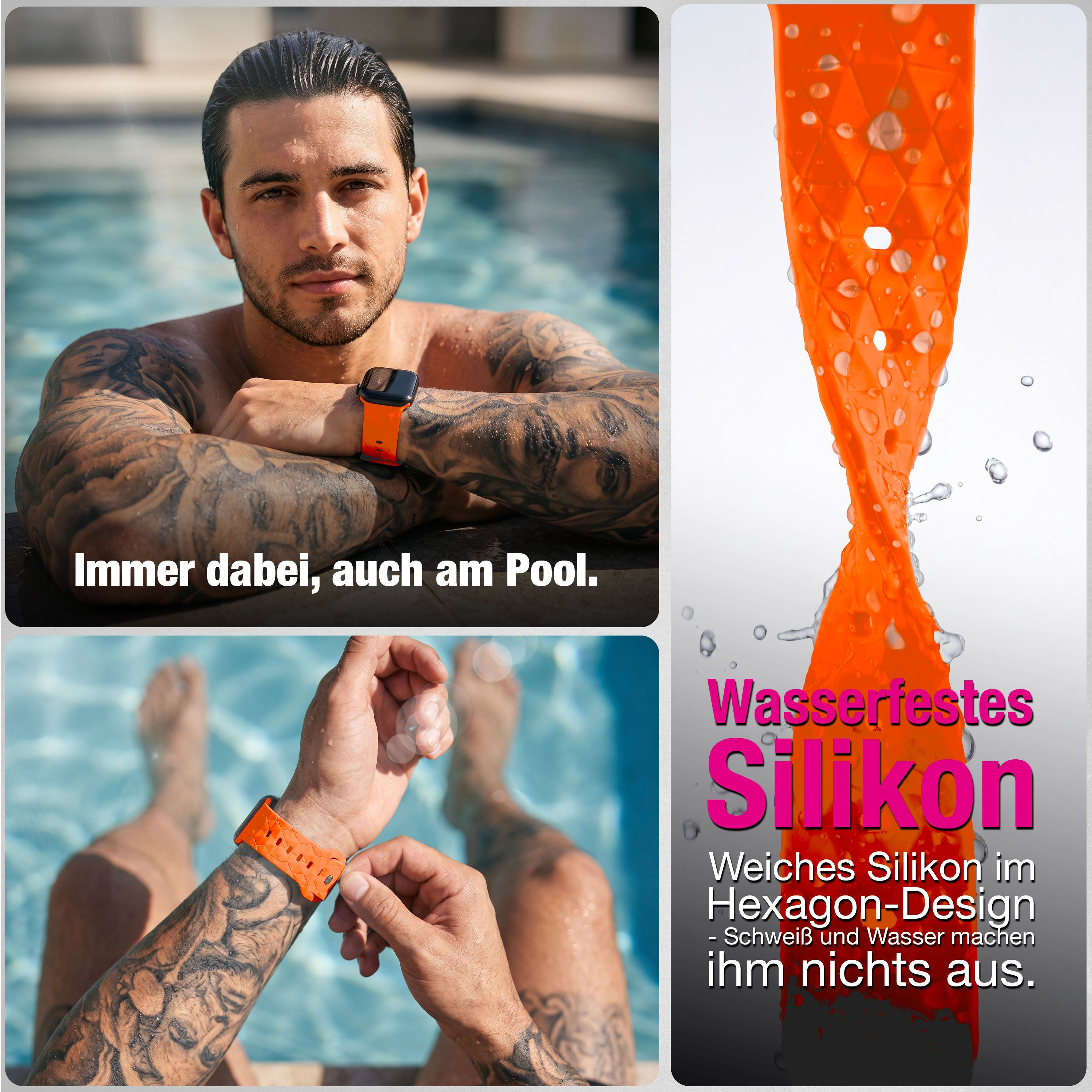 Ein tätowierter Mann trägt eine Smartwatch mit orangefarbenem Silikonarmband am Pool.