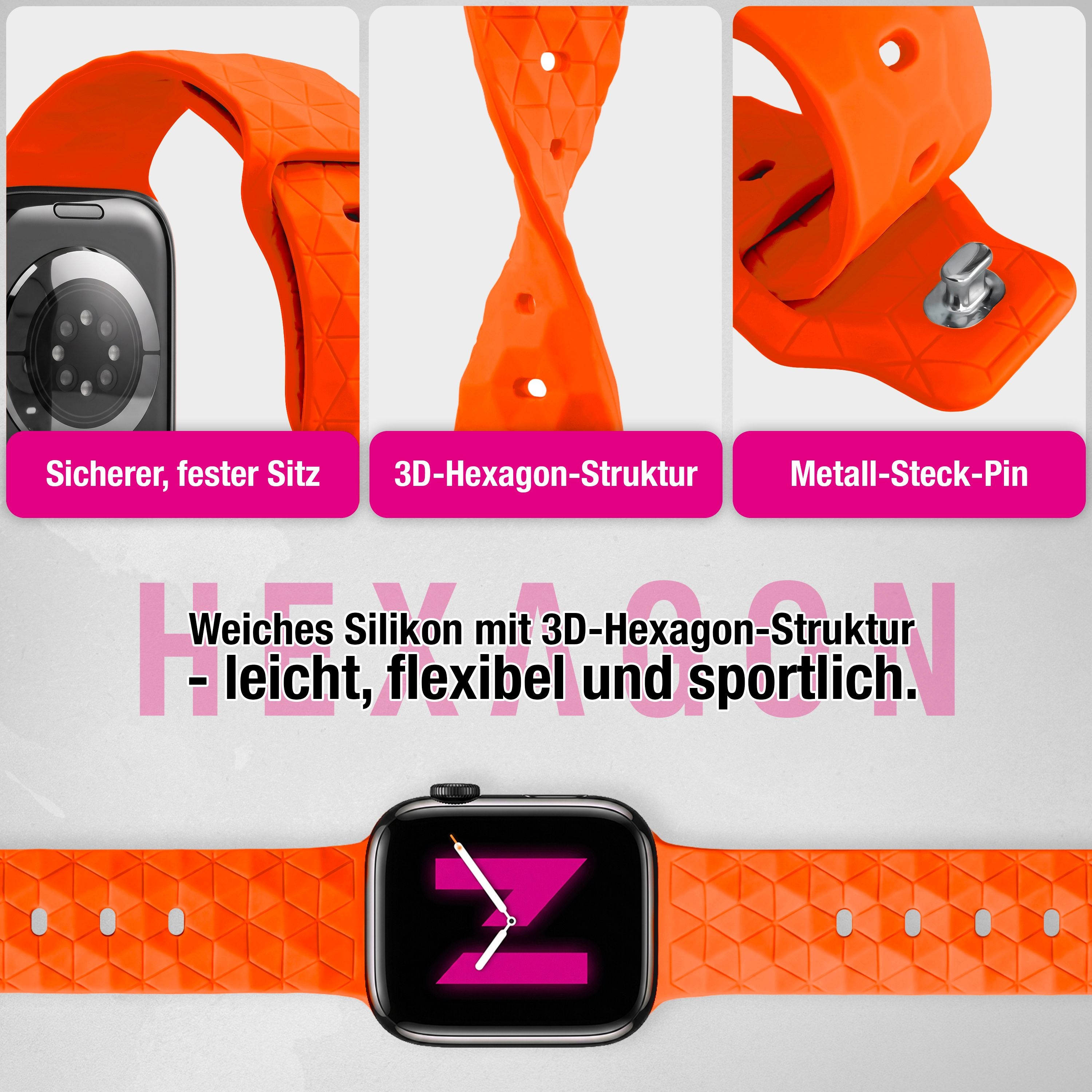 Oranger Silikon-Smartwatch-Armband mit Hexagon-Struktur, Metallpin und integrierter Uhr.