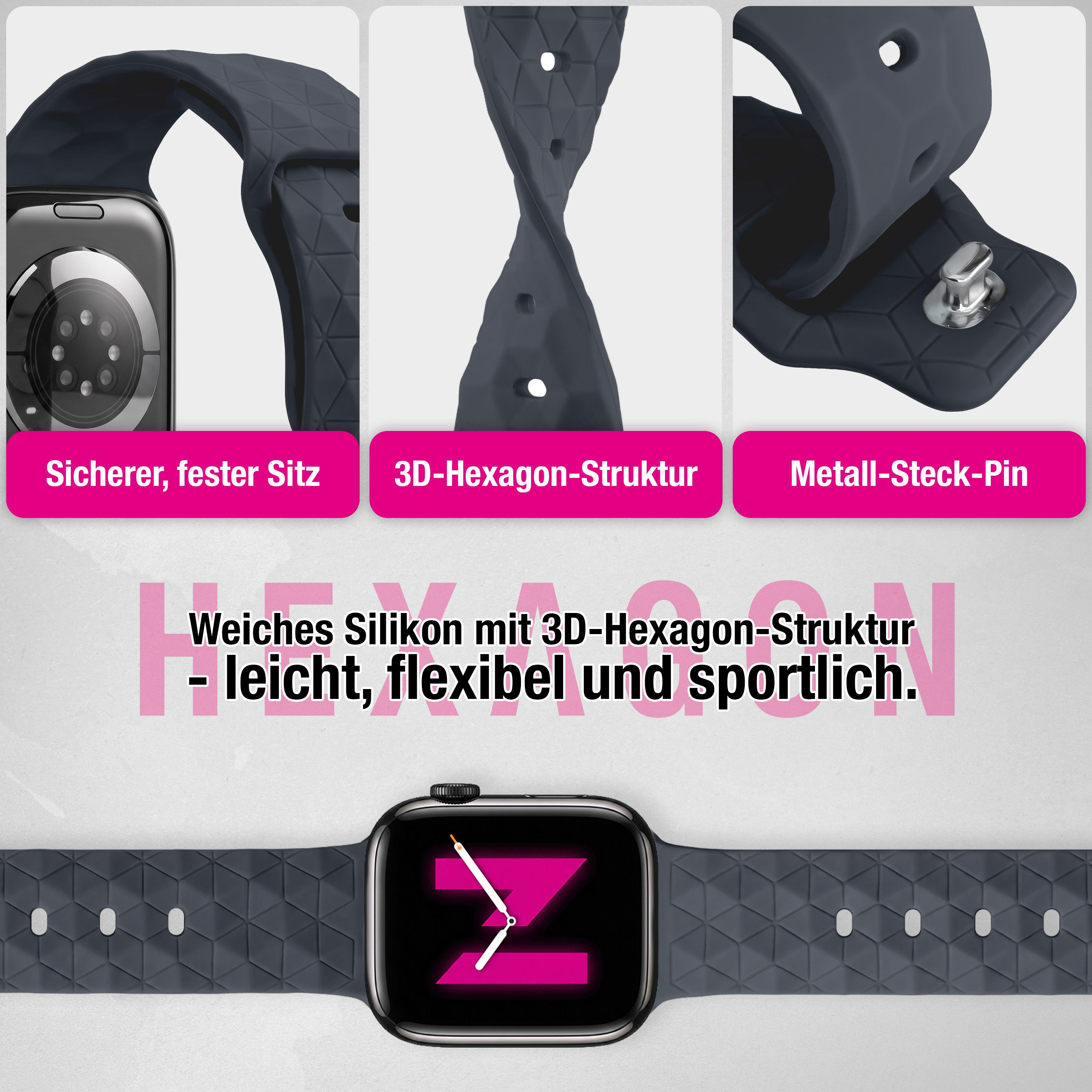 Dunkelgraues Silikon-Smartwatch-Armband mit 3D-Hexagon-Struktur, Metall-Steck-Pin und schwarzer Smartwatch.
