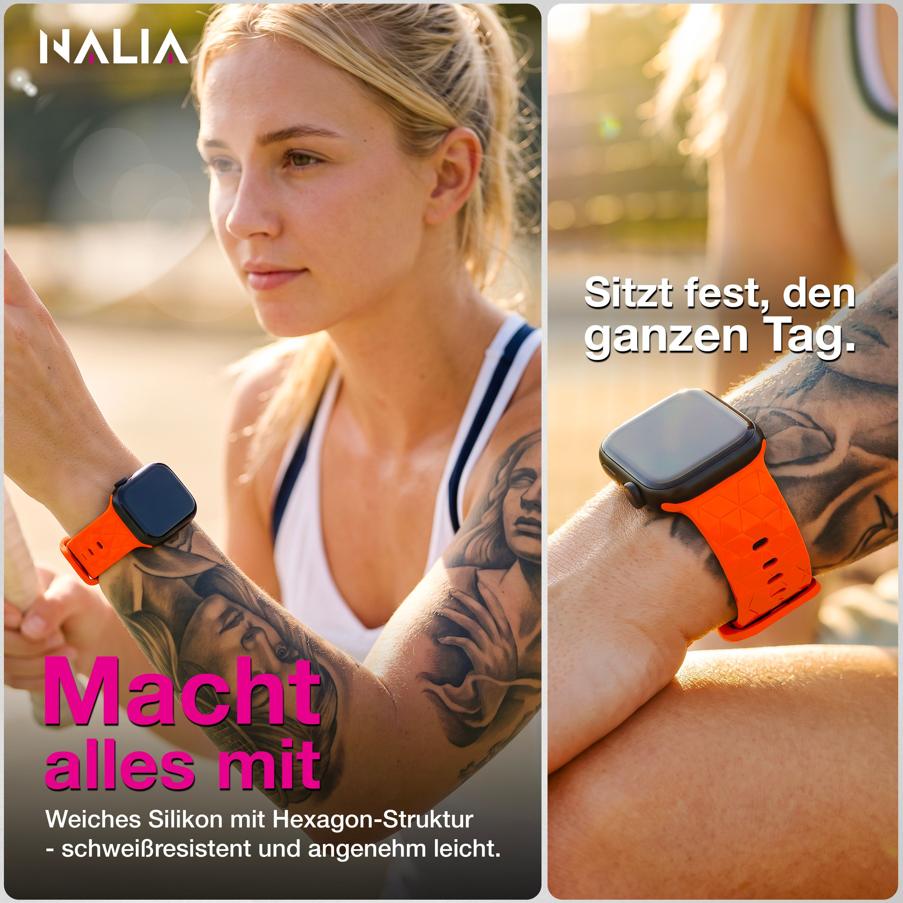 Eine Frau mit tätowierten Armen trägt eine leuchtend orangefarbene Smartwatch mit Silikonarmband im Freien.