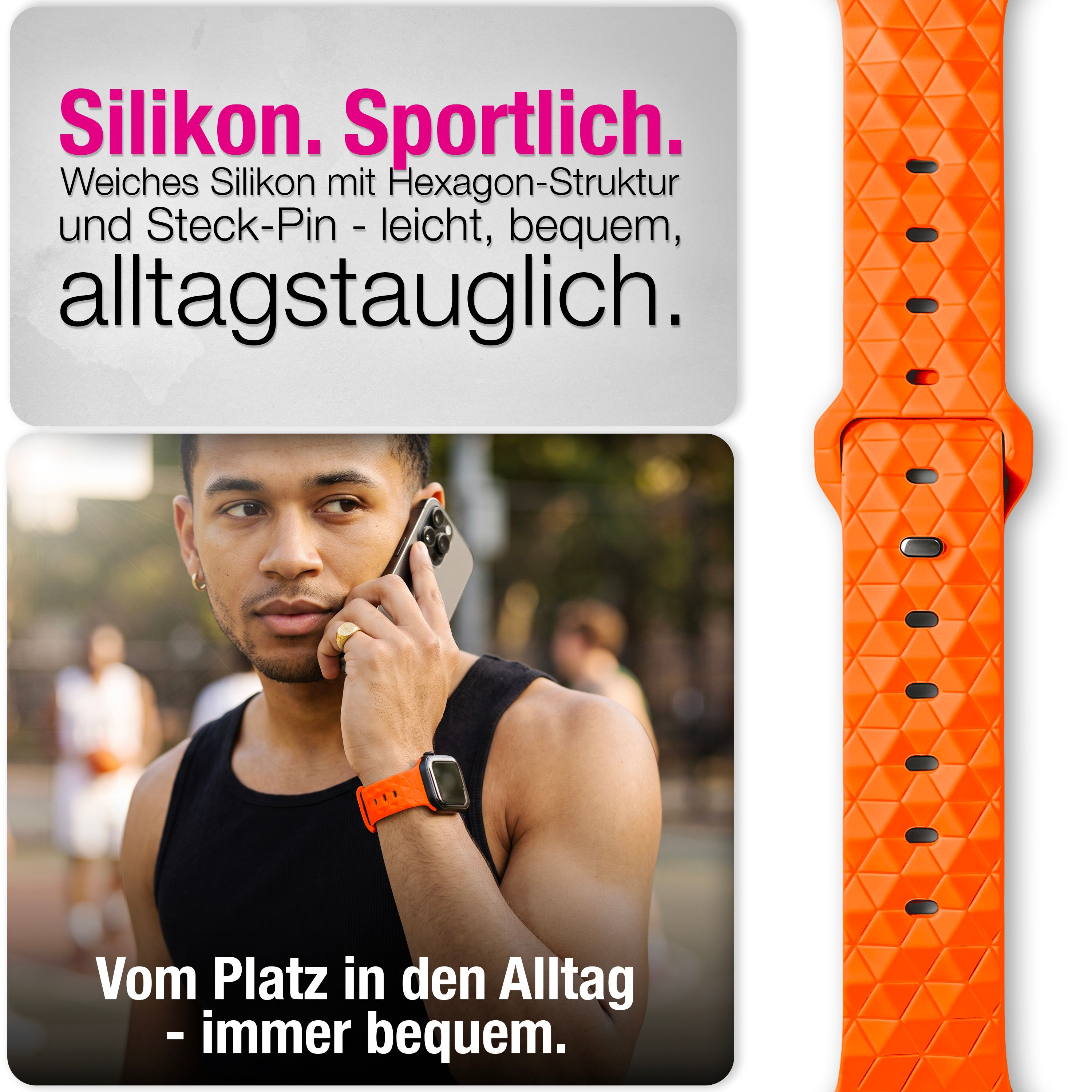 Werbebild für ein orangefarbenes Silikon-Uhrenarmband mit hexagonalem Muster und Mann mit Smartphone.