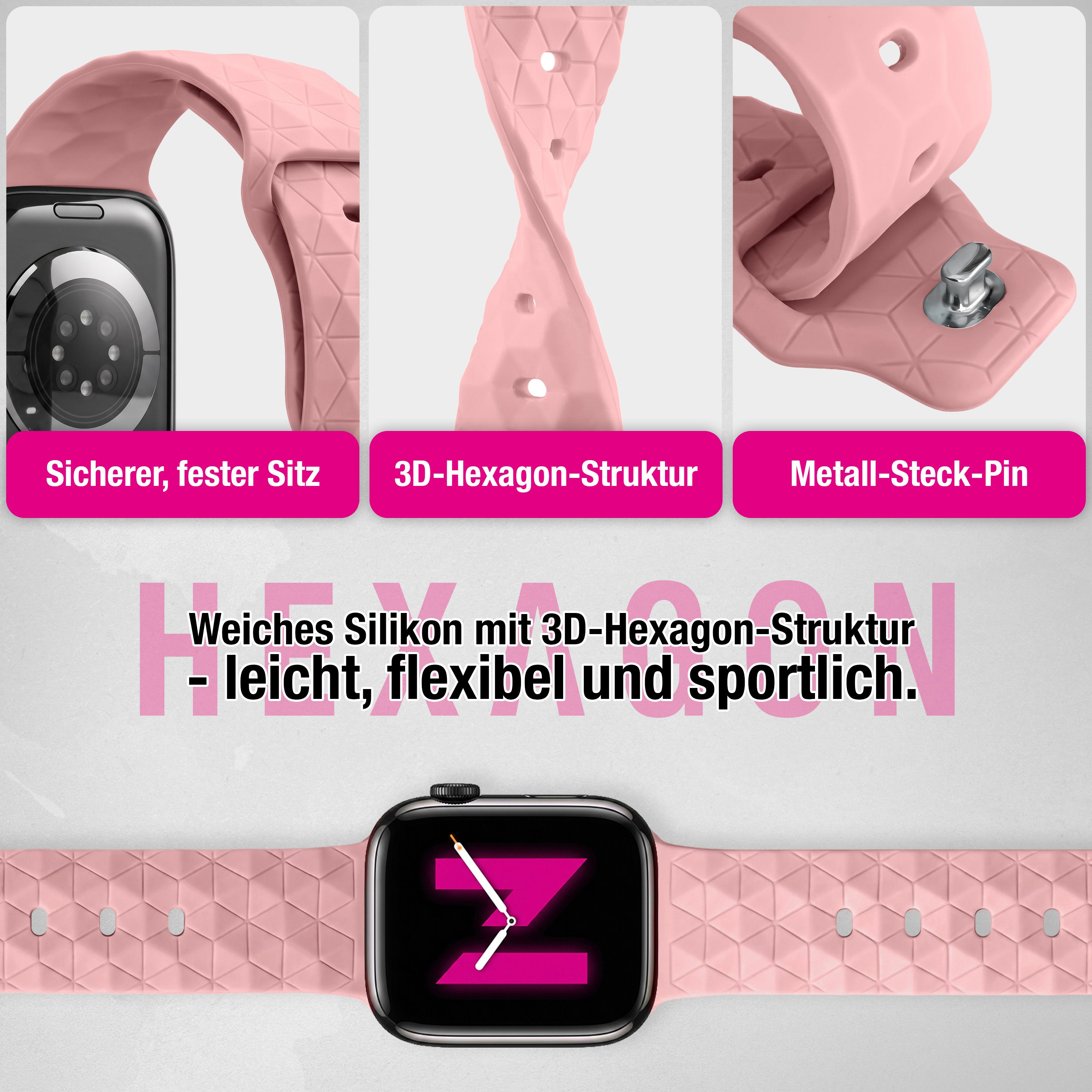 Rosa Silikonarmband mit 3D-Hexagon-Struktur für Smartwatches, mit festem Sitz, Steckpin und flexibler Passform.