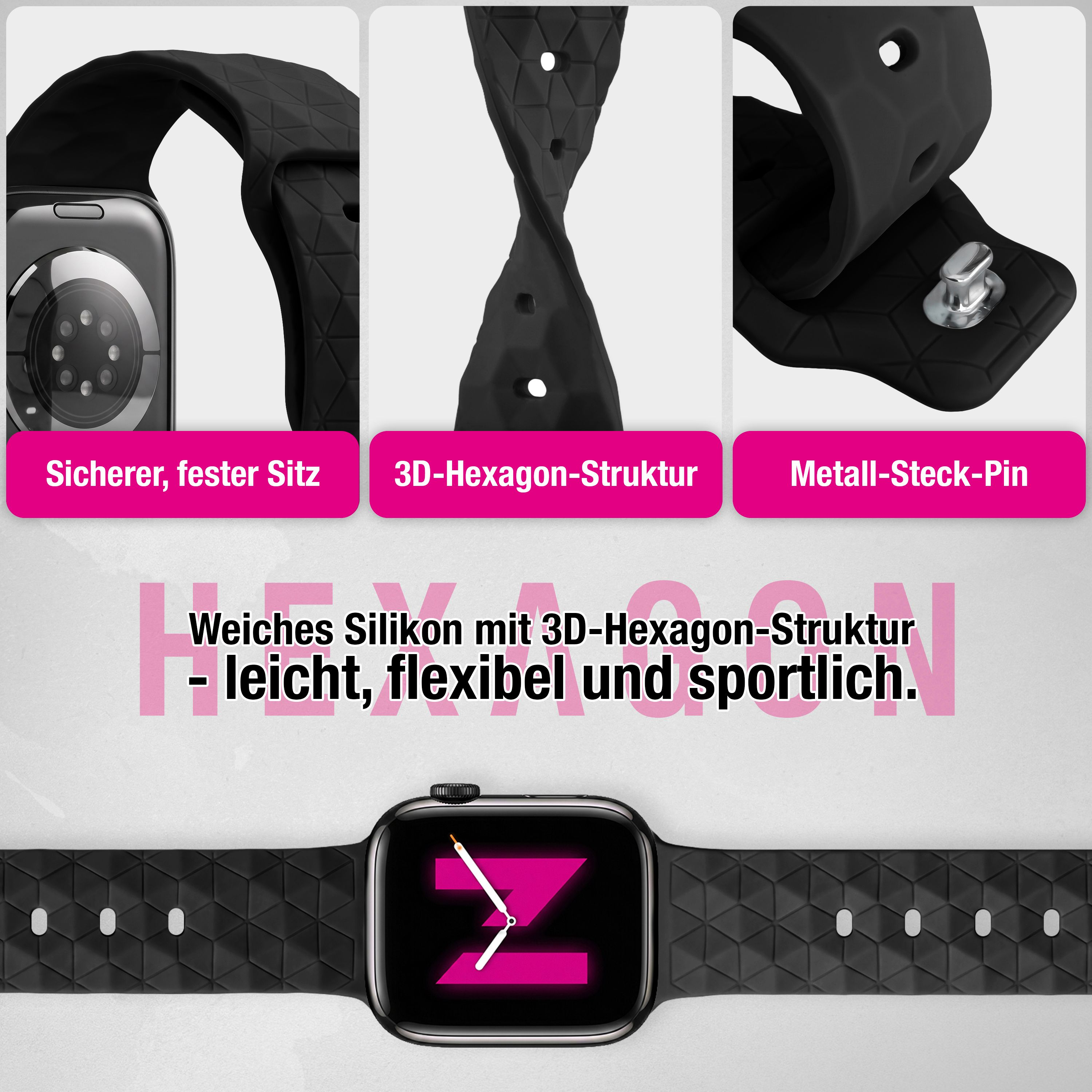 Schwarzes Silikon-Smartwatch-Armband mit 3D-Hexagon-Struktur und Metall-Steck-Pin.