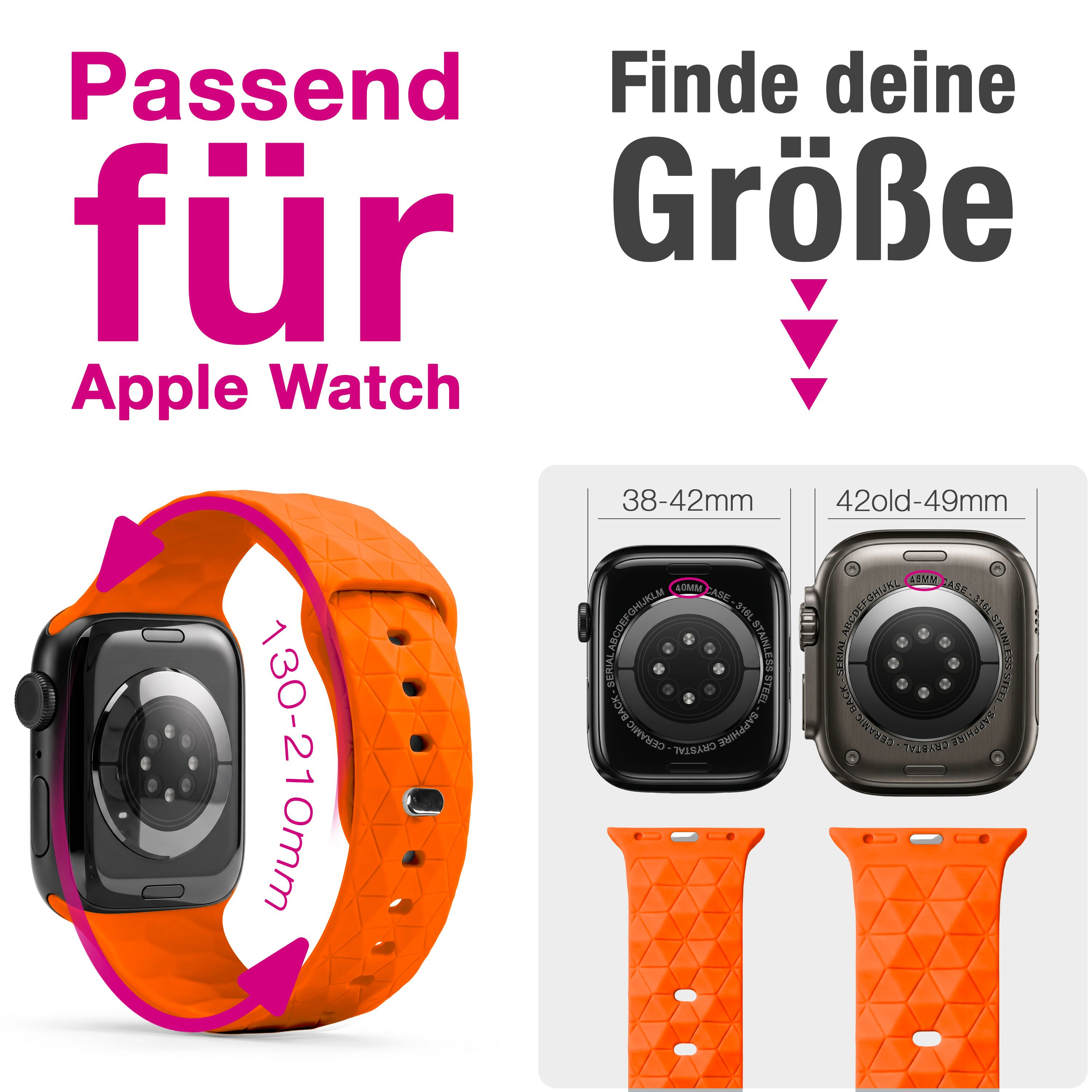 Anleitung zur Größenauswahl eines orangefarbenen Apple Watch Armbands mit verschiedenen Gehäusegrößen.