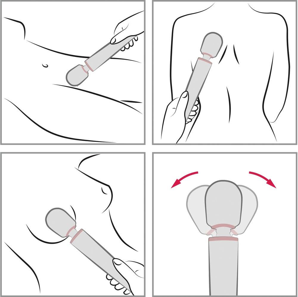 Vier schematische Zeichnungen zeigen die Anwendung eines grauen Massagegeräts auf verschiedene Körperpartien.