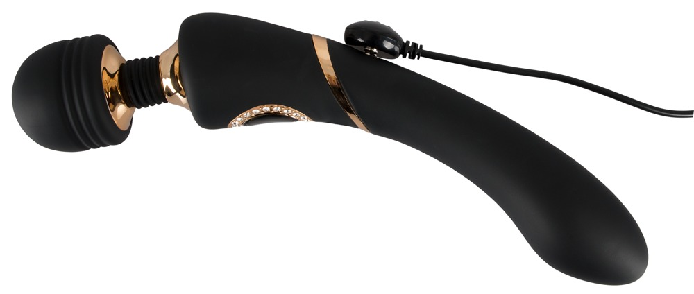 Ein schwarzer, geschwungener Stabvibrator mit goldenen Akzenten und einer glitzernden Verzierung, mit angebrachtem Kabel.