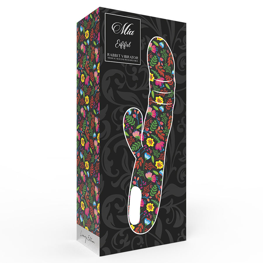 Eine hohe schwarze Schachtel mit Blumenmuster und einem Ausschnitt, der einen bunten Kaninchenvibrator zeigt.