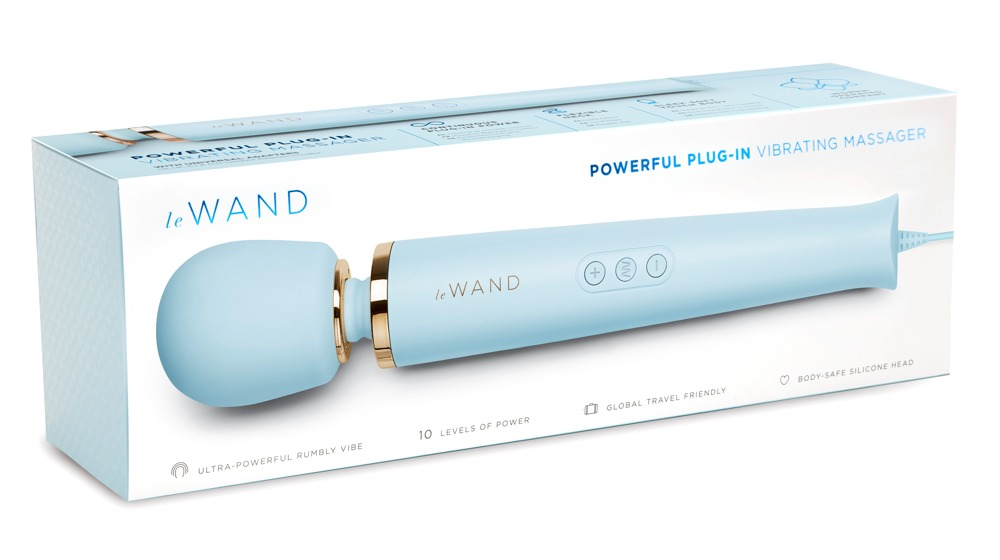 Ein hellblauer Le Wand Stecker-Vibrationsmassagegerät vor der passenden Produktbox.