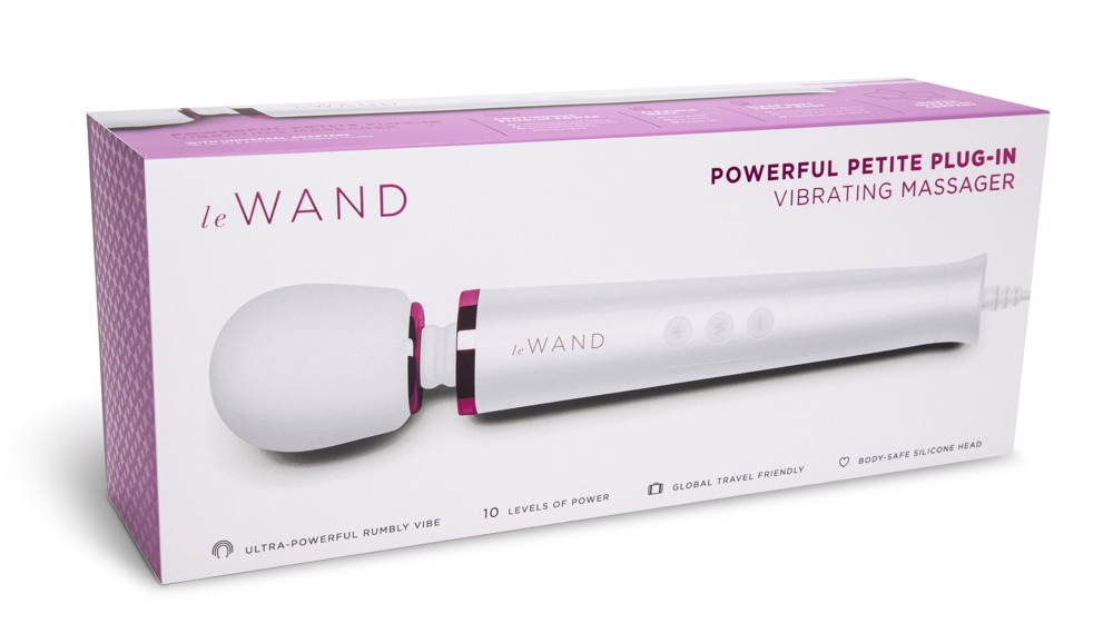 Eine weisse Le Wand Vibrating Massager Box auf weissem Hintergrund.