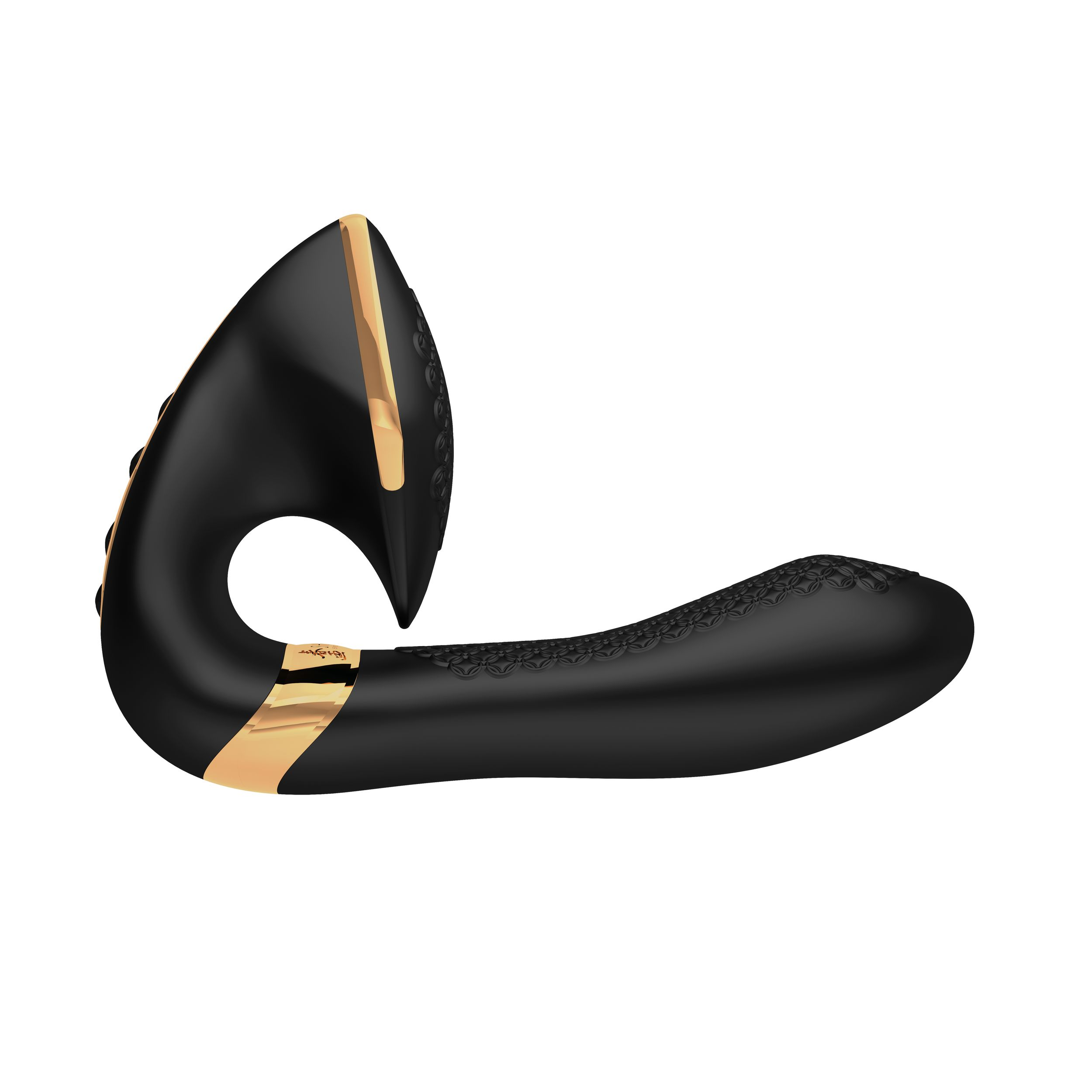 Un masajeador ergonómico negro mate y dorado con un diseño curvo sobre un fondo blanco.
