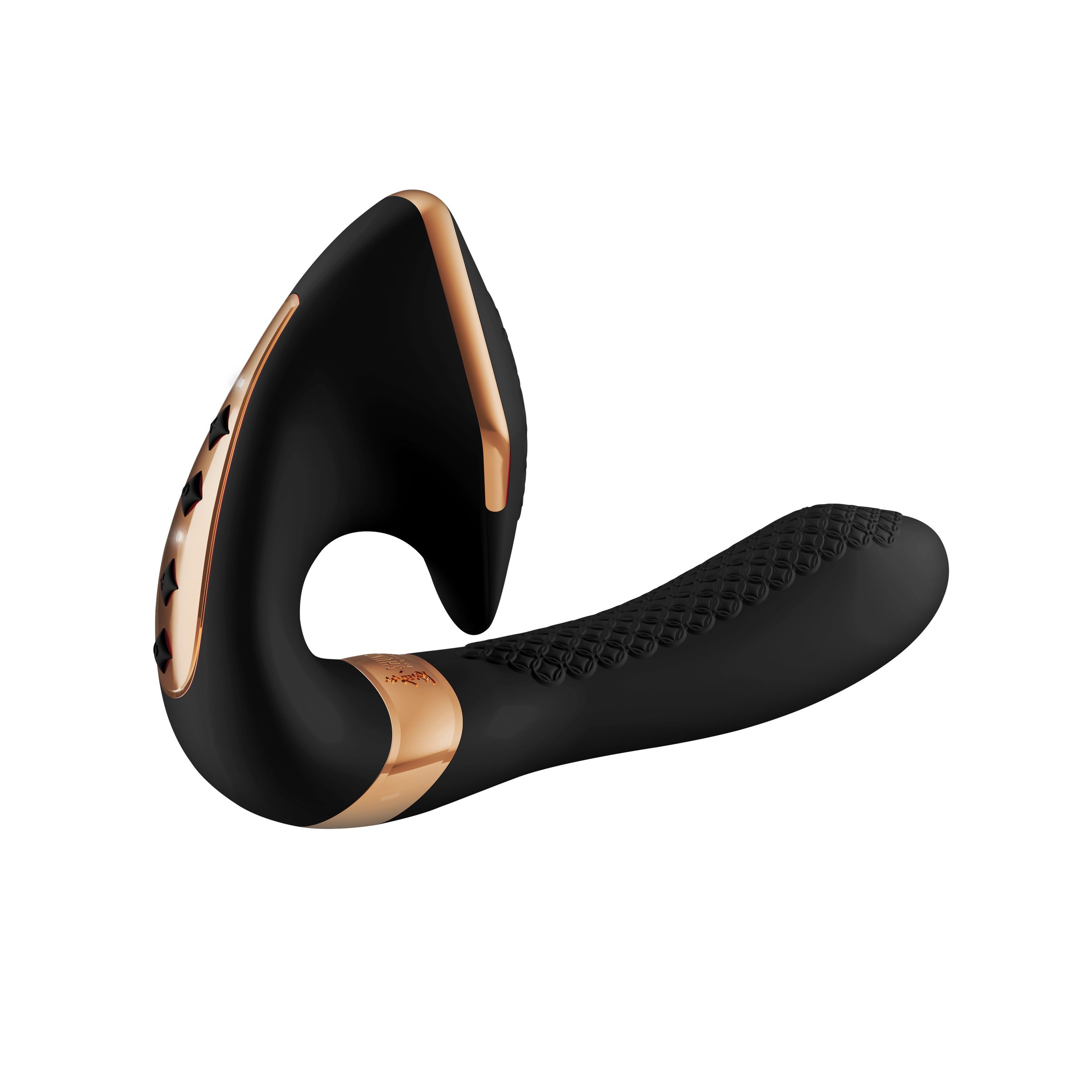 Un juguete sexual ergonómico negro con detalles en oro rosa, botones y un patrón texturizado en el brazo insertable.