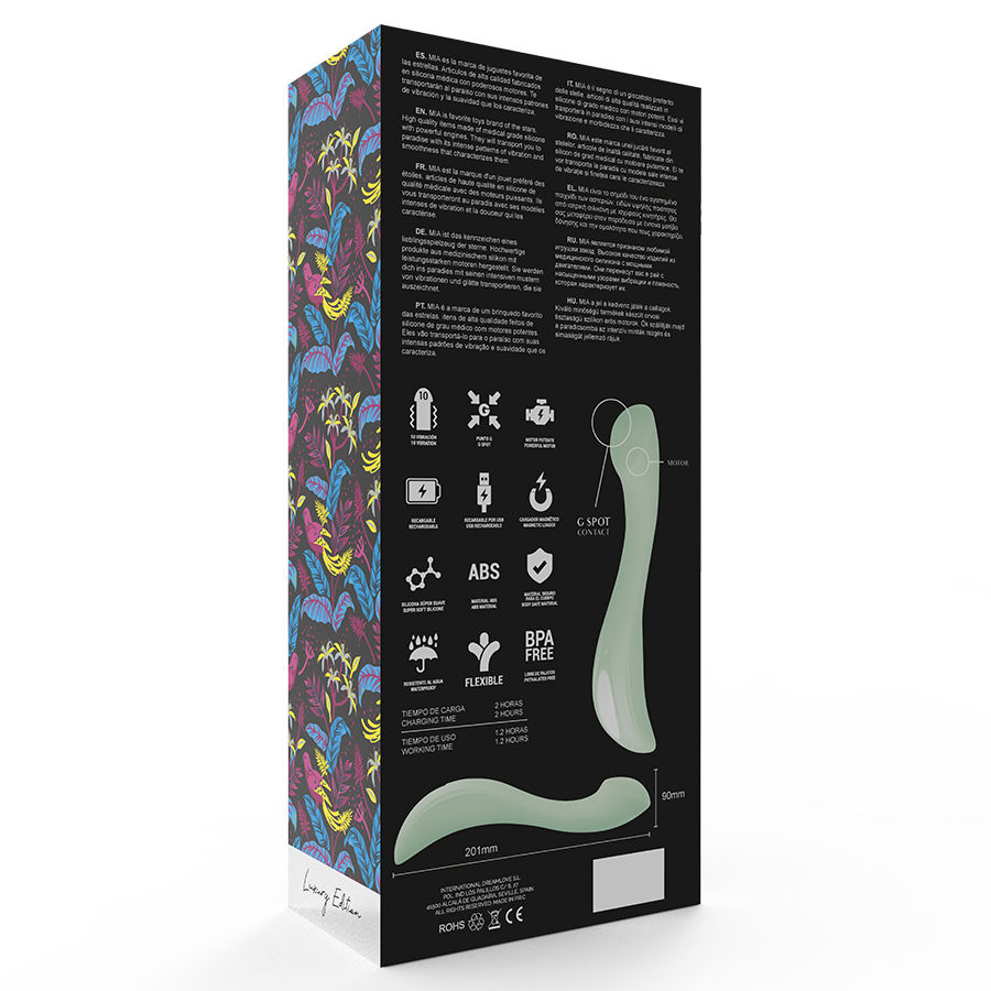 Verpackungsrückseite eines grünen Vibrators mit Icons, technischen Daten und floralem Muster.