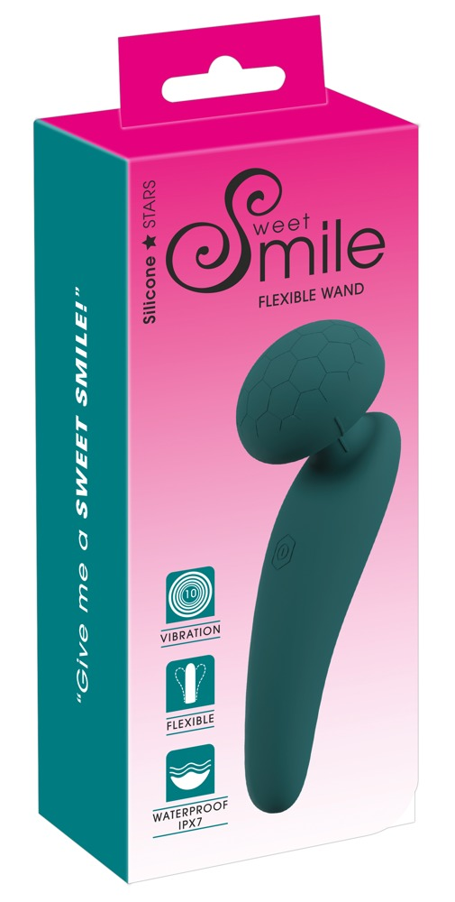 Rosa und türkisfarbene Produktbox für den Sweet Smile Flexstab mit Produktsymbolen auf der Vorderseite.