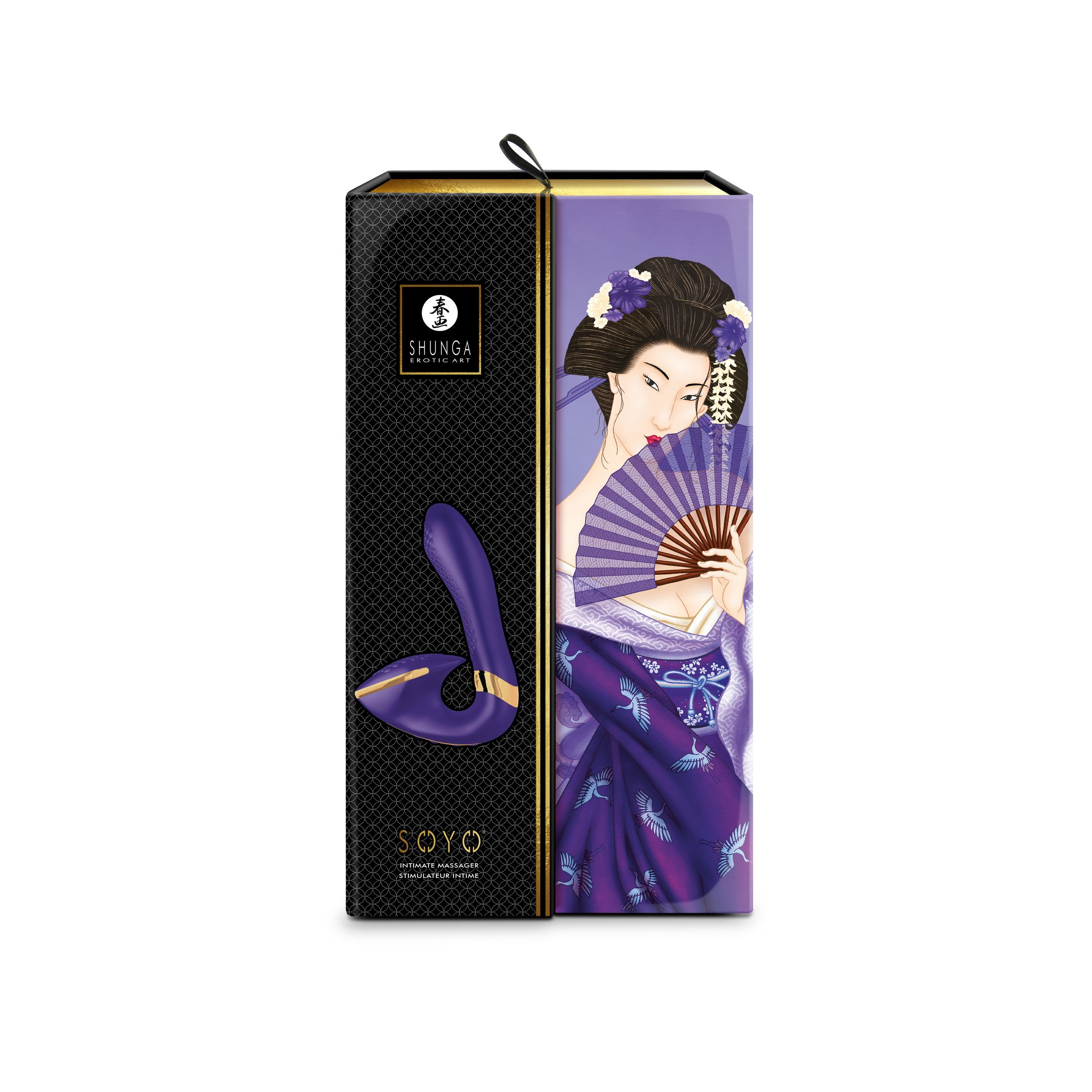 Una caja negra y morada muestra la ilustración de una geisha con abanico y un masajeador íntimo.