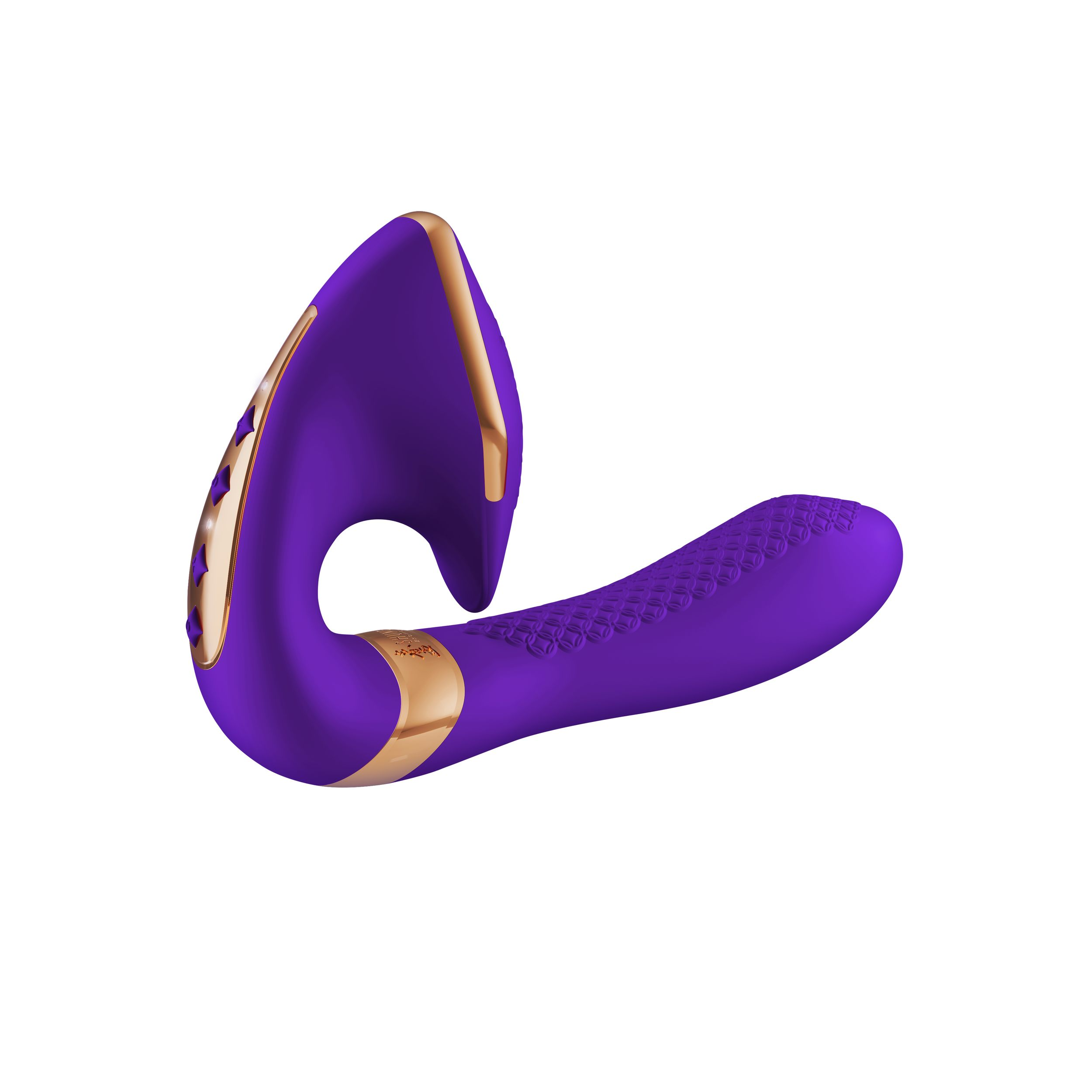 Un masajeador morado y dorado con forma ergonómica y superficie texturizada sobre fondo blanco.