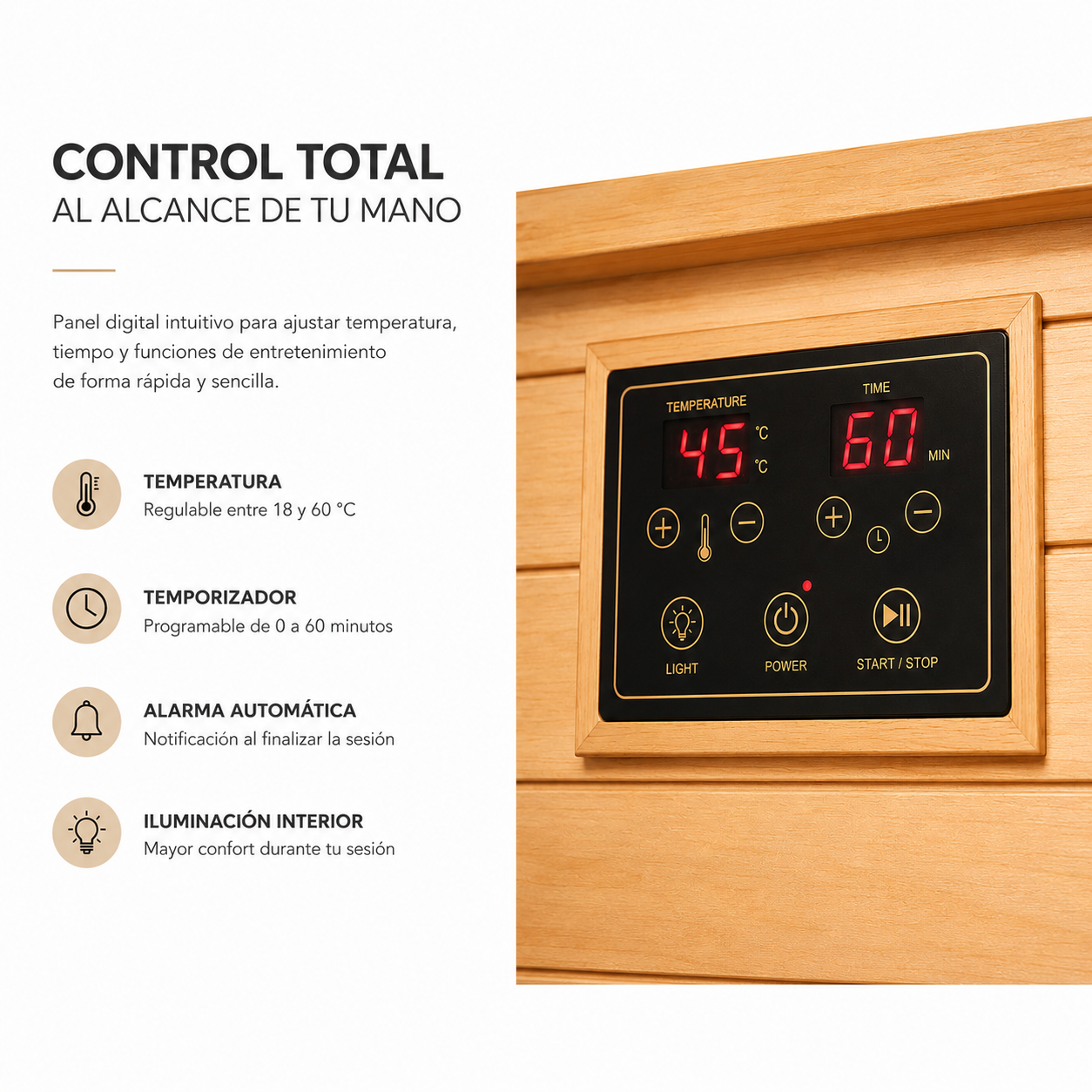 Panel de control digital para sauna con pantallas para temperatura y tiempo, y botones táctiles para luz y encendido.