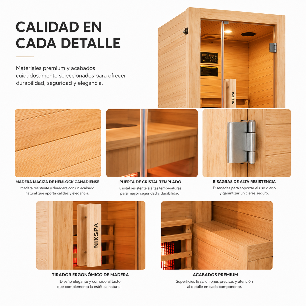 Detalles de sauna de madera con abeto, puerta de cristal, bisagras, tirador y acabados premium.
