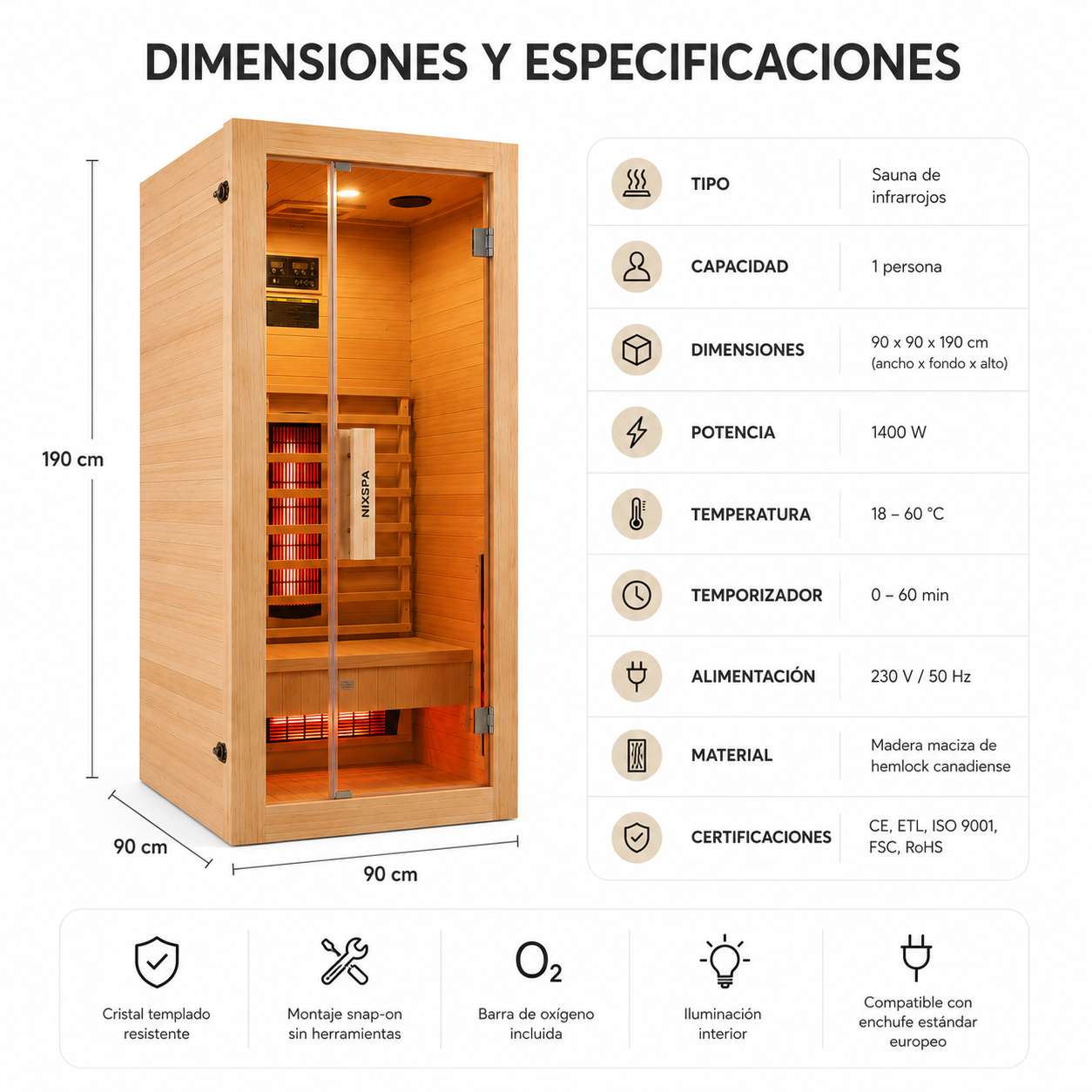 Especificaciones técnicas y dimensiones de una sauna de infrarrojos de una persona en madera de abeto.