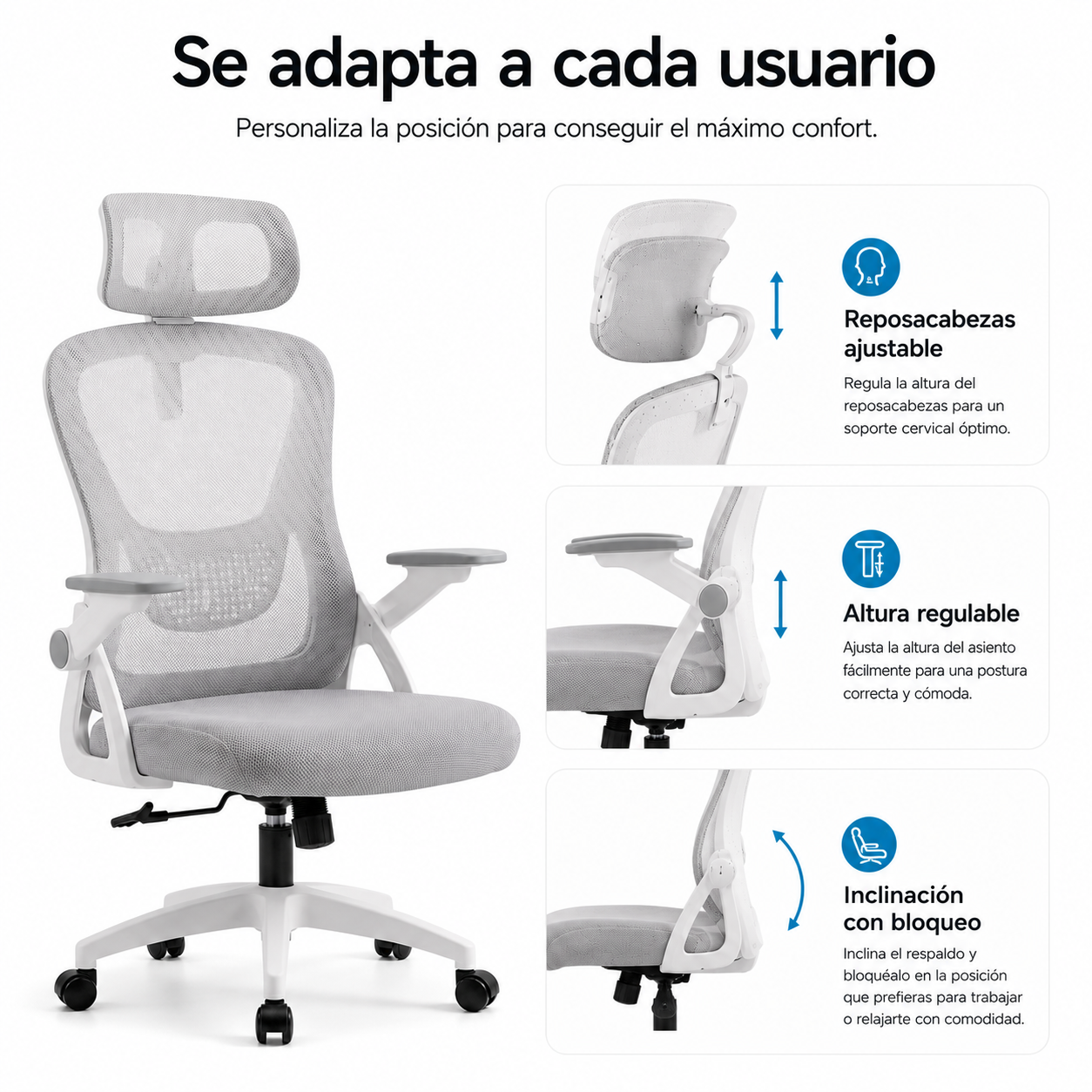 Una silla de oficina ergonómica blanca con reposacabezas, altura e inclinación ajustables.