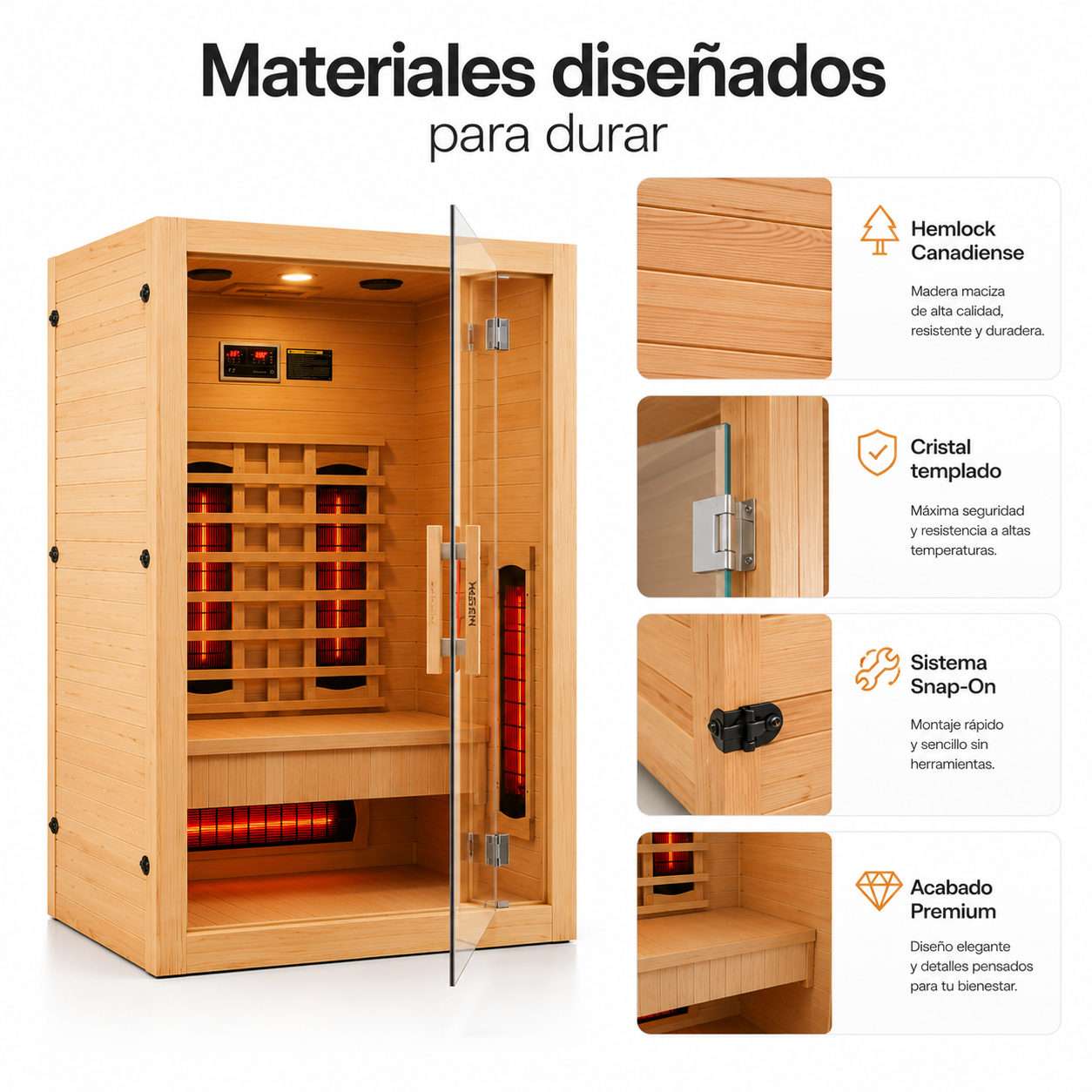 Sauna infrarroja de madera para el hogar con puerta de vidrio y detalles de materiales.