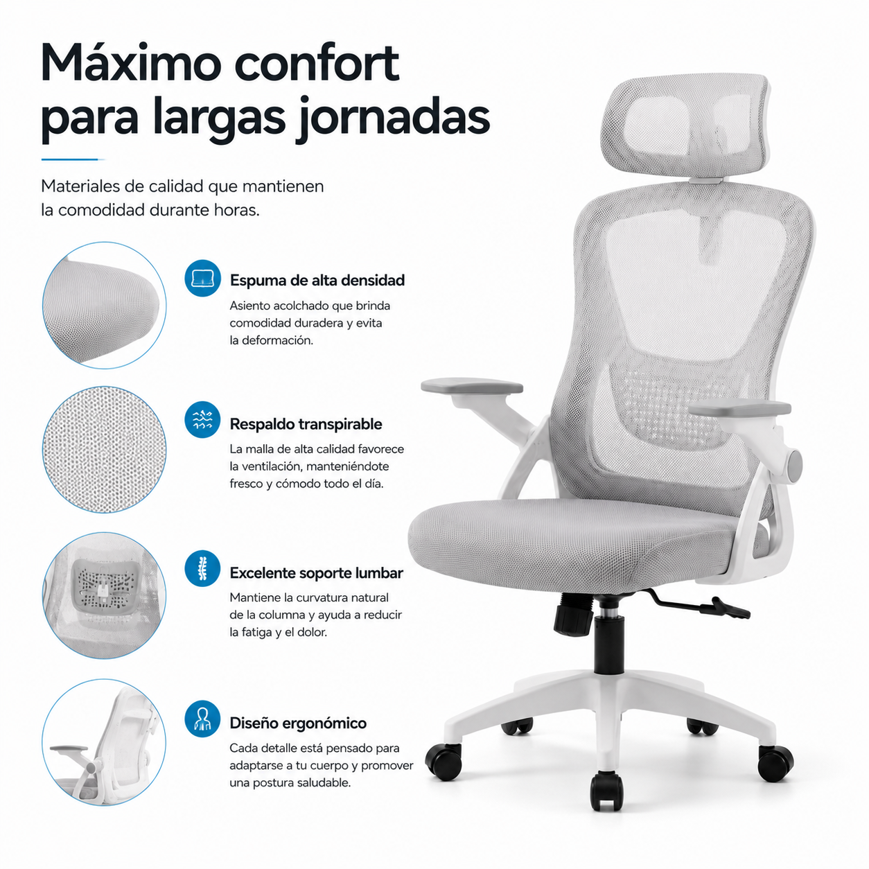 Silla de oficina ergonómica de malla blanca con reposacabezas y características.