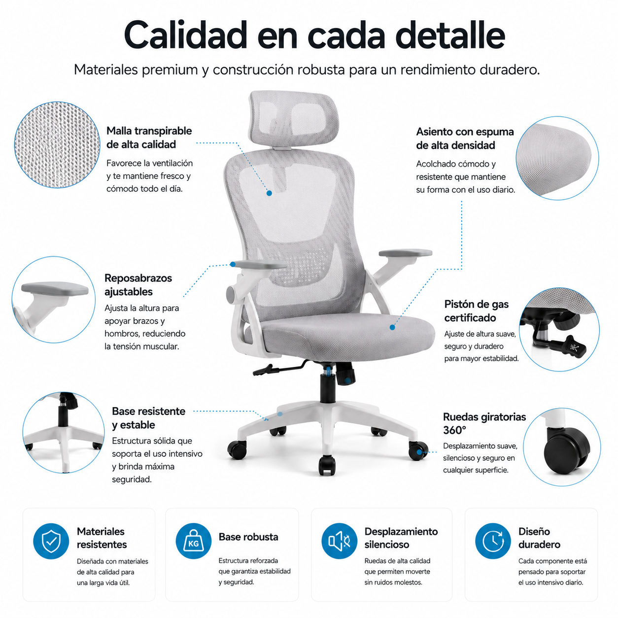Silla de oficina ergonómica blanca con malla gris y características detalladas como reposabrazos.