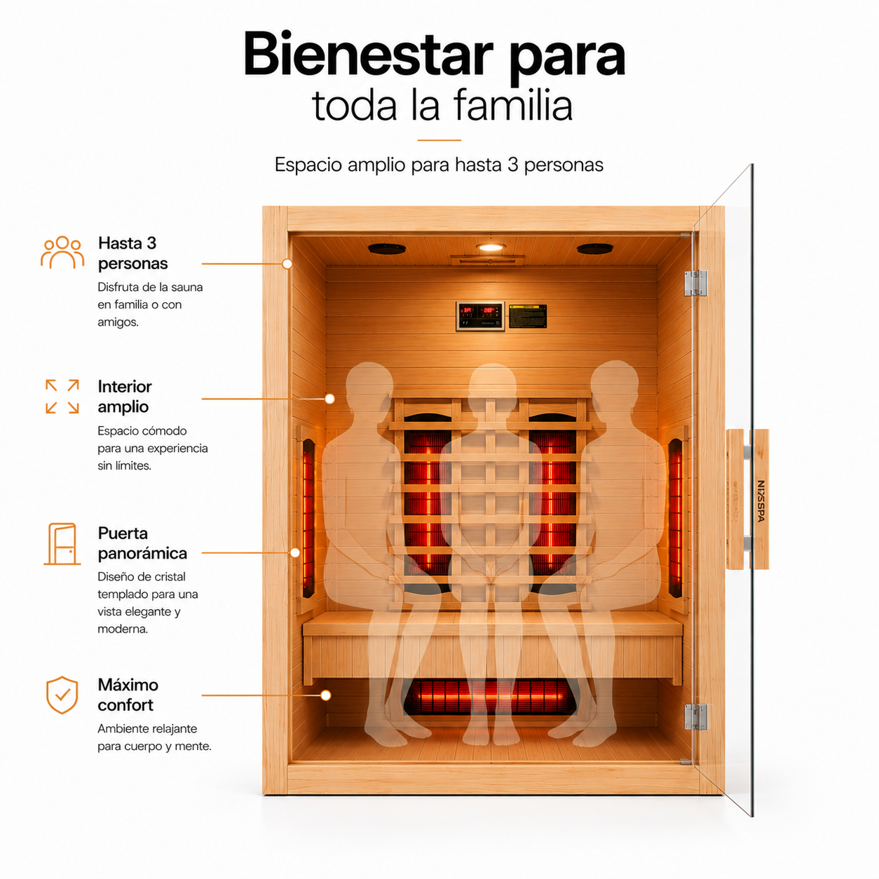 Sauna doméstica de madera con calefactores infrarrojos y tres figuras traslúcidas dentro, con etiquetas en español.