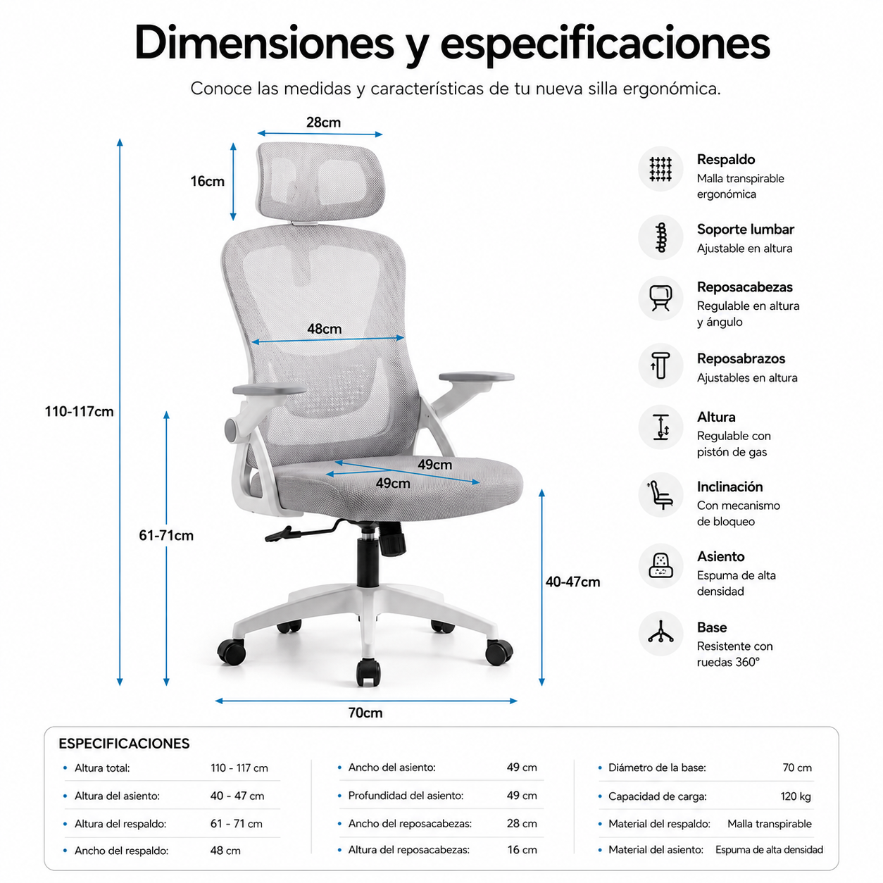 Diagrama de una silla de oficina ergonómica gris con dimensiones y especificaciones técnicas.