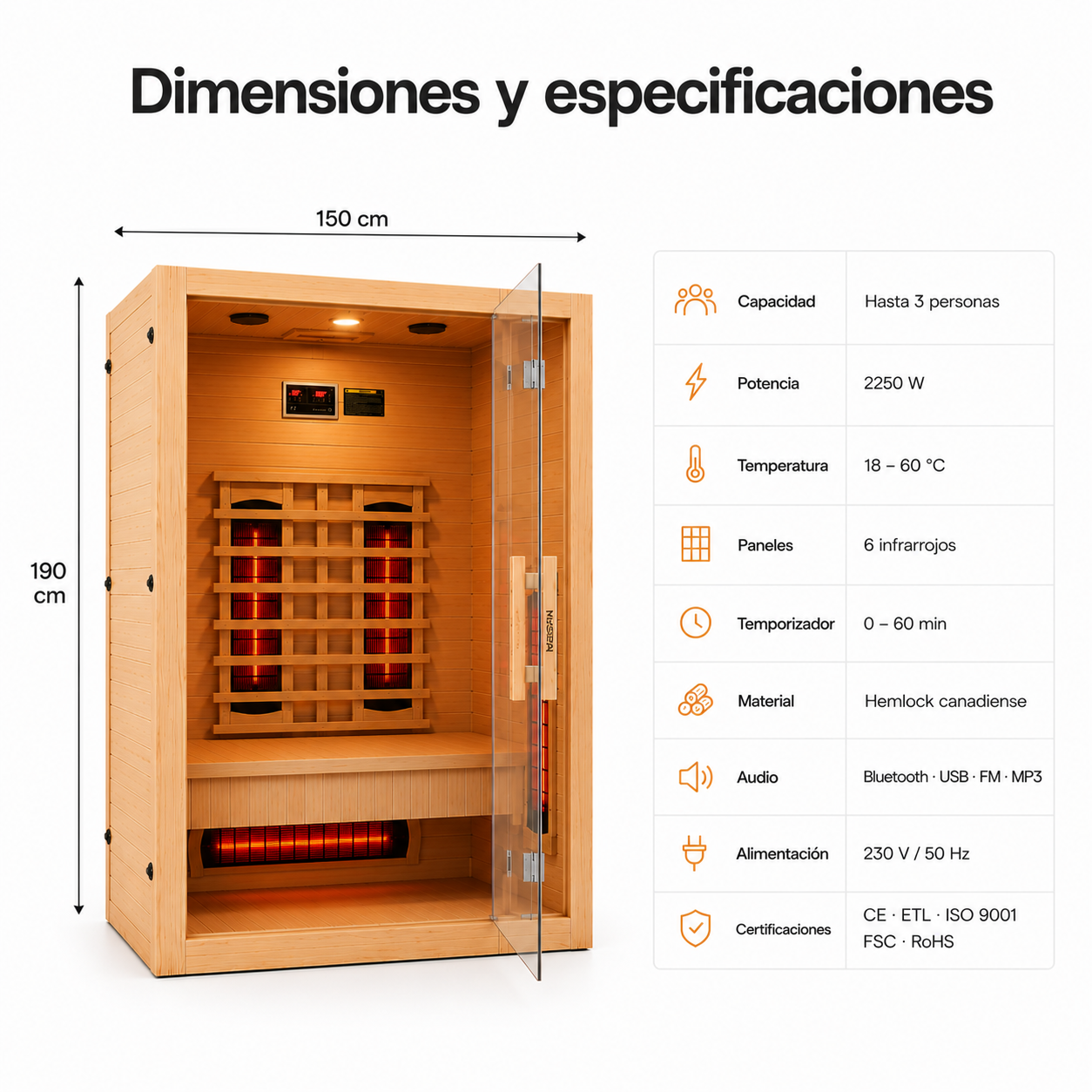 Sauna infrarroja de madera con puerta de cristal, dimensiones y especificaciones.