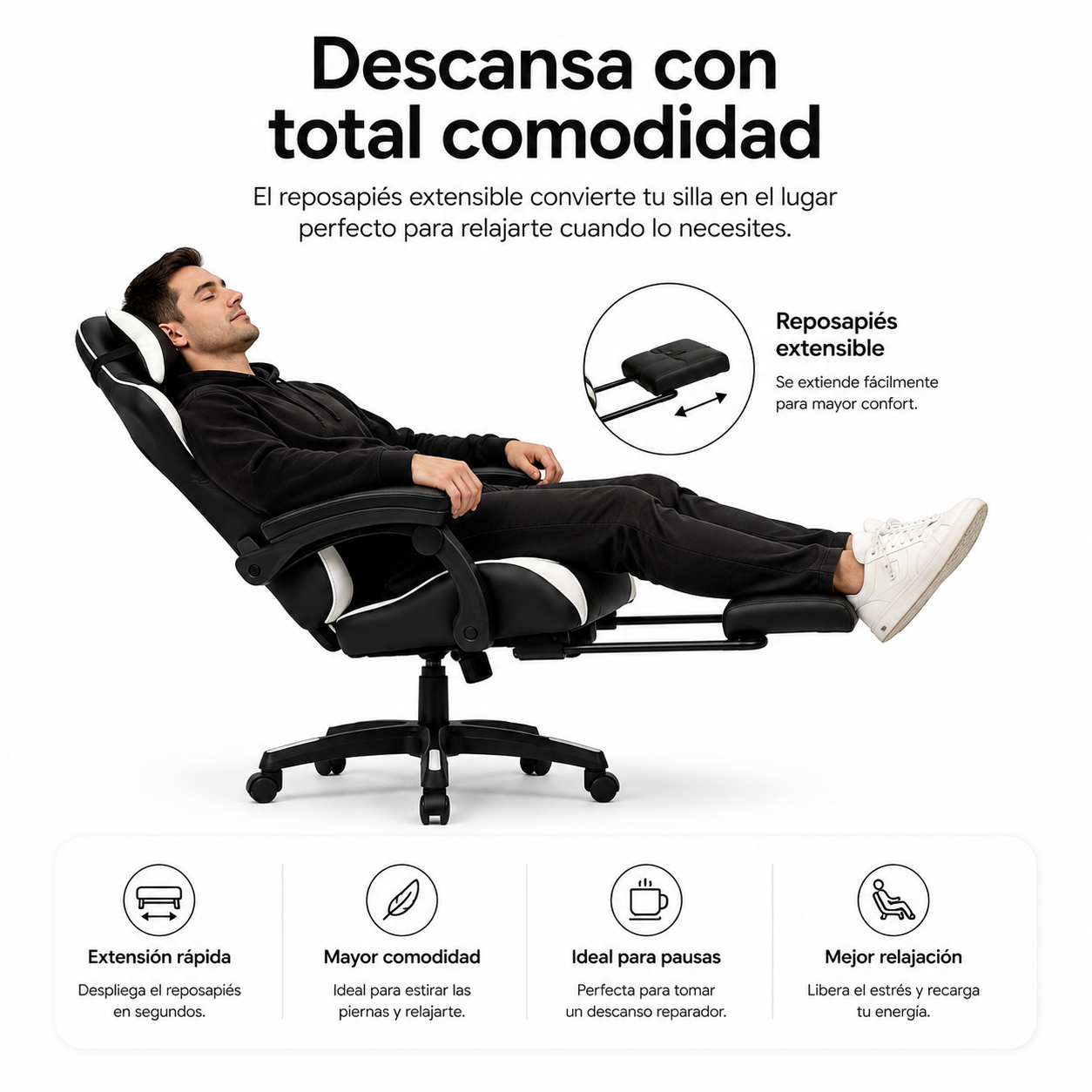 Un hombre relajándose en una silla de oficina ergonómica negra y blanca con reposapiés extensible y texto en español.