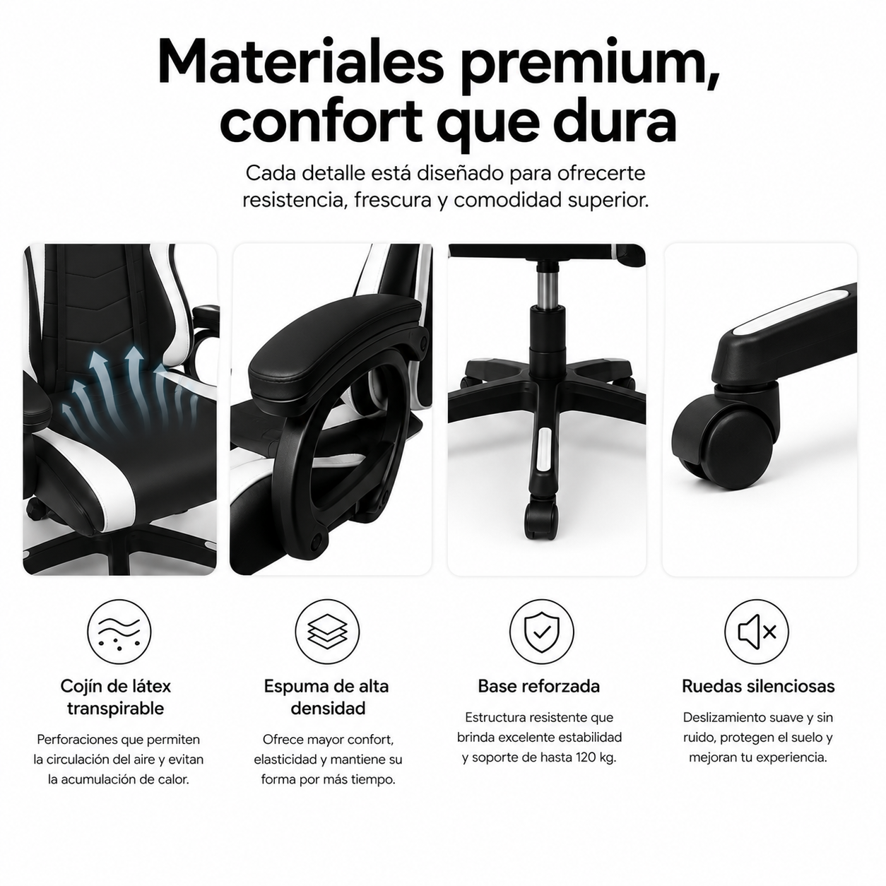 Infografía con características de silla gamer en blanco y negro: cojín transpirable, espuma, base y ruedas silenciosas.
