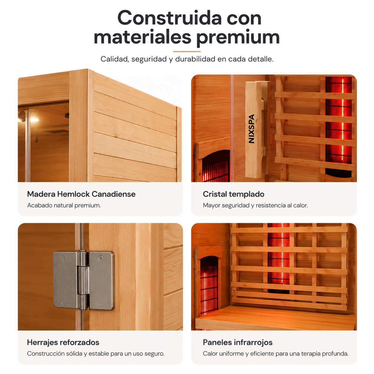 Infografía muestra detalles de sauna de madera con puerta de cristal y calefactores.